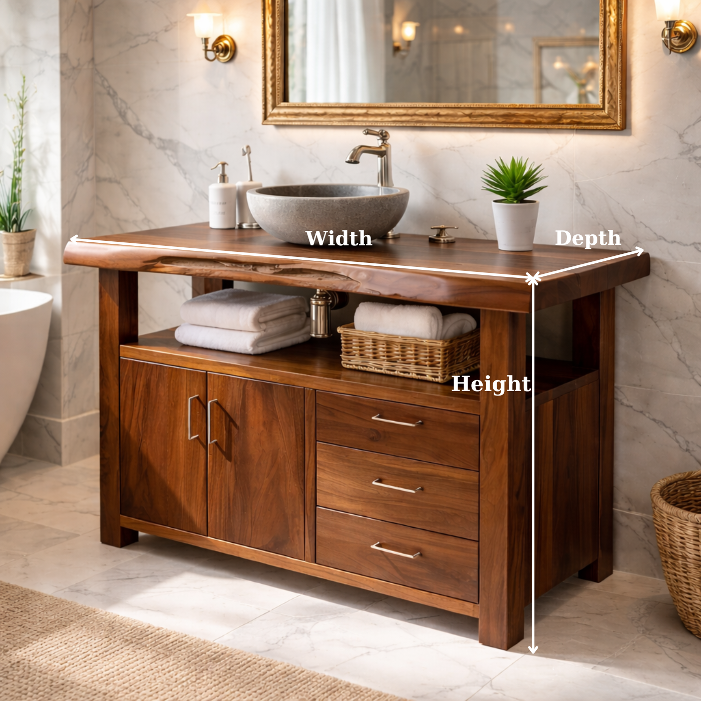 Live Edge Solid Wood Bathroom Vanity with Double Cabinet Doors, Three Drawers and Open Shelf