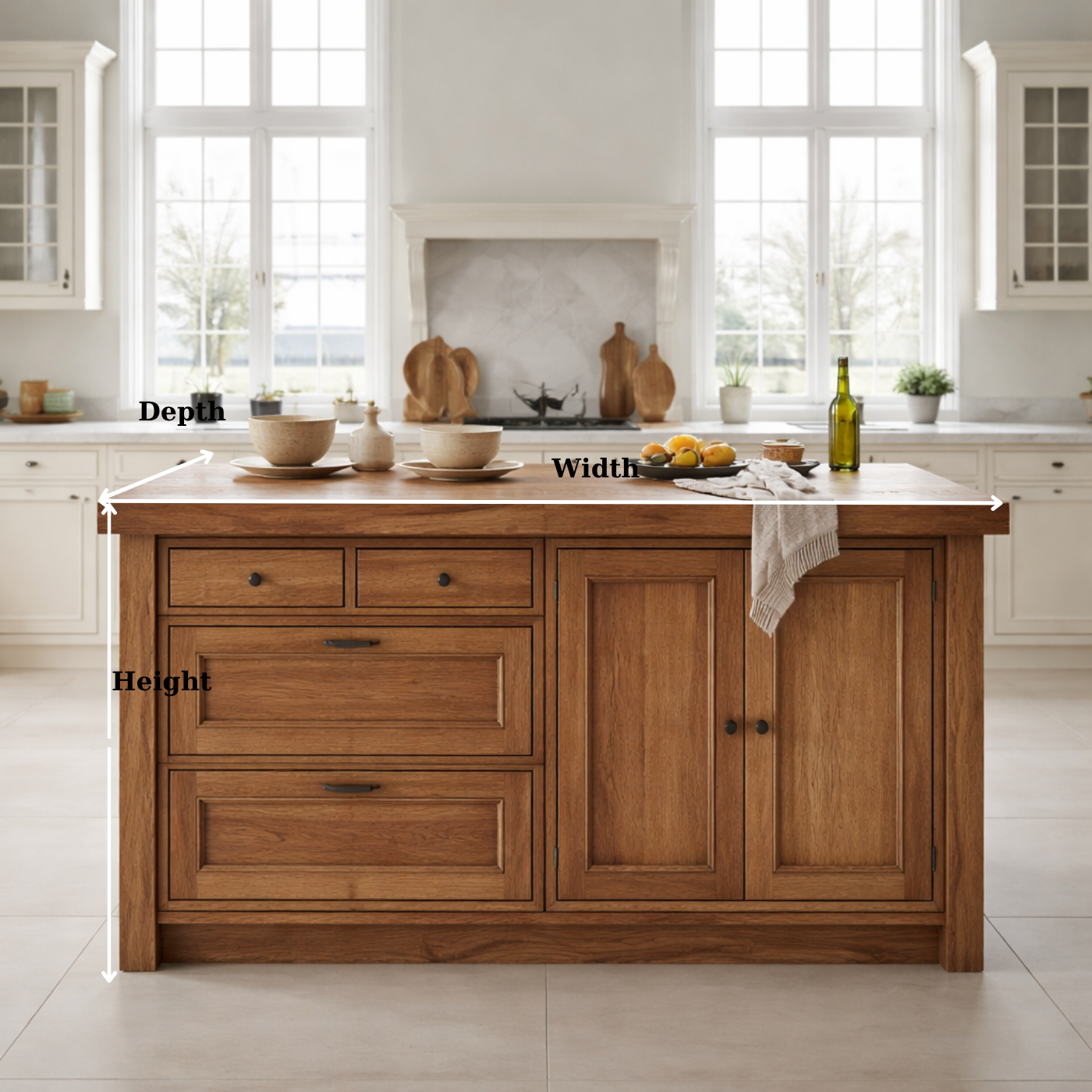 Solid Wood Kitchen Island with Drawers & Cabinet – Farmhouse Kitchen Storage Table