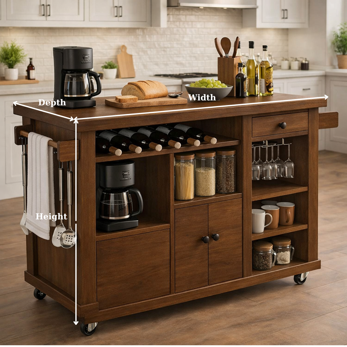 Solid Wood Rolling Kitchen Island with Wine Rack & Storage – Kitchen Cart on Wheels