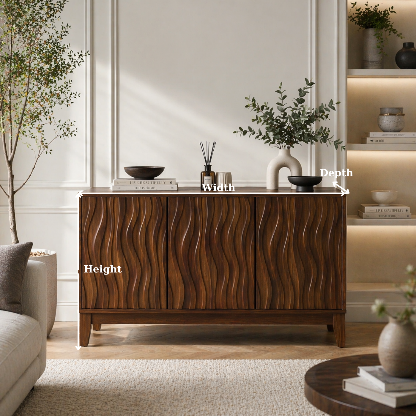 Solid Wood Fluted Console Sideboard – Modern Walnut Storage Cabinet