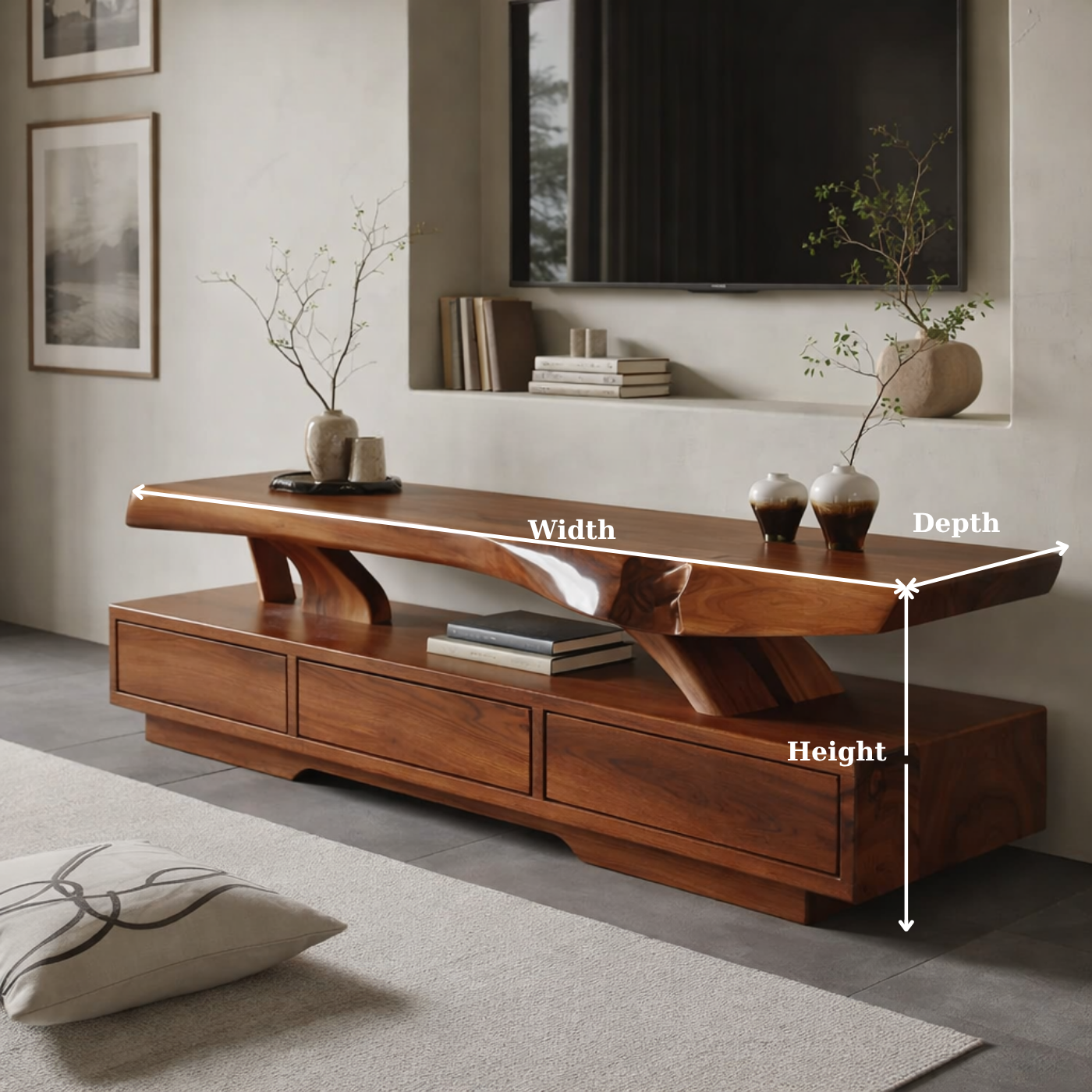 Solid Wood TV Stand with Live Edge Top – Modern Media Console Table