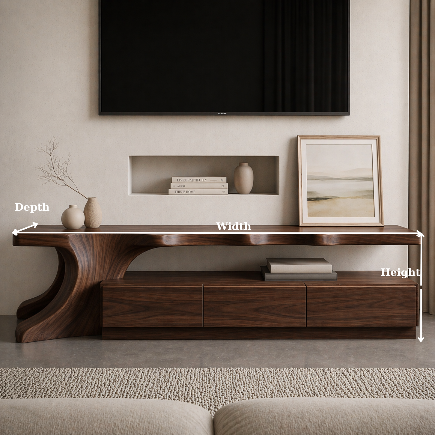 Solid Wood Sculptural TV Stand with Curved Base – Modern Media Console Table
