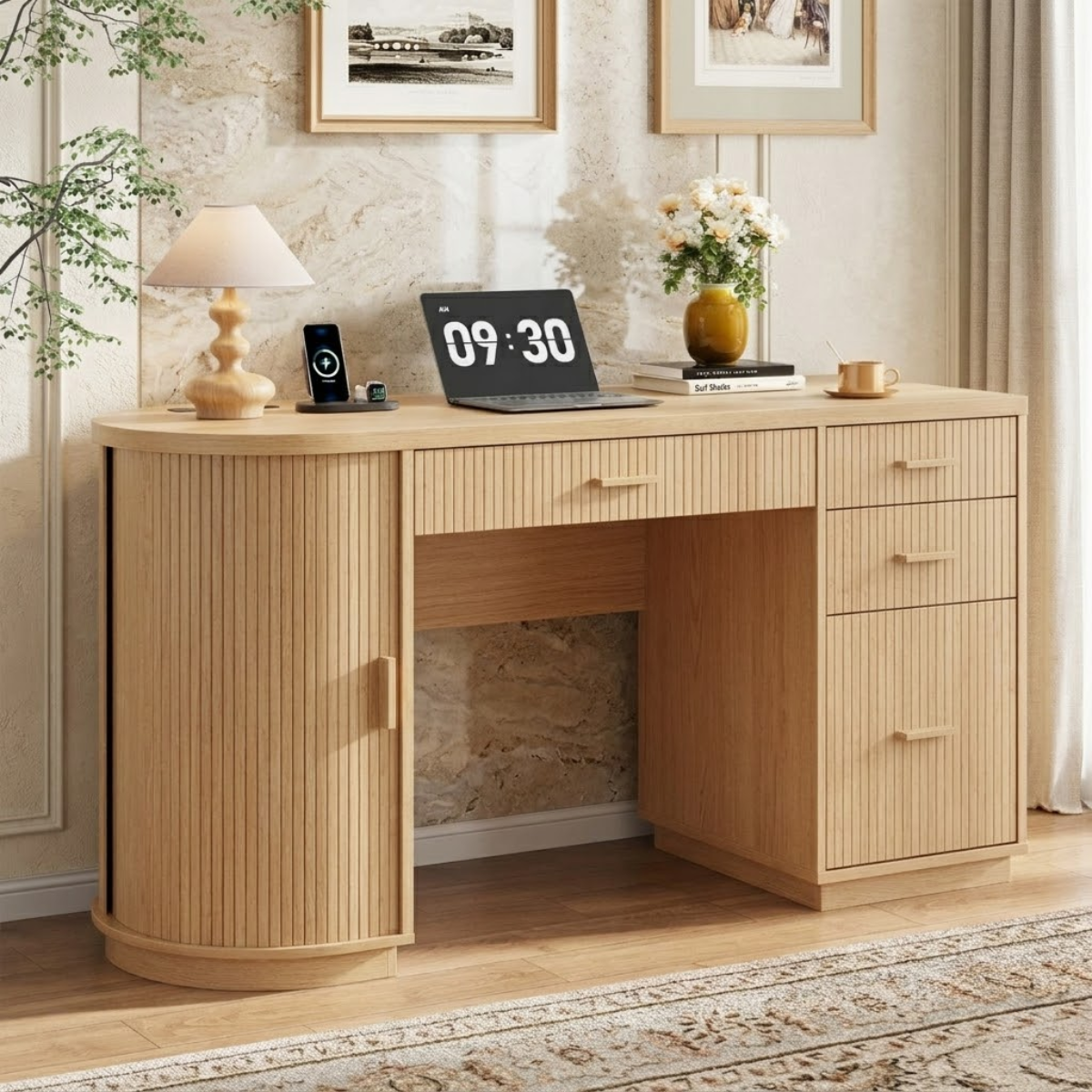 Modern Fluted Executive Desk with Drawers, Curved Cabinet Home Office Writing Table