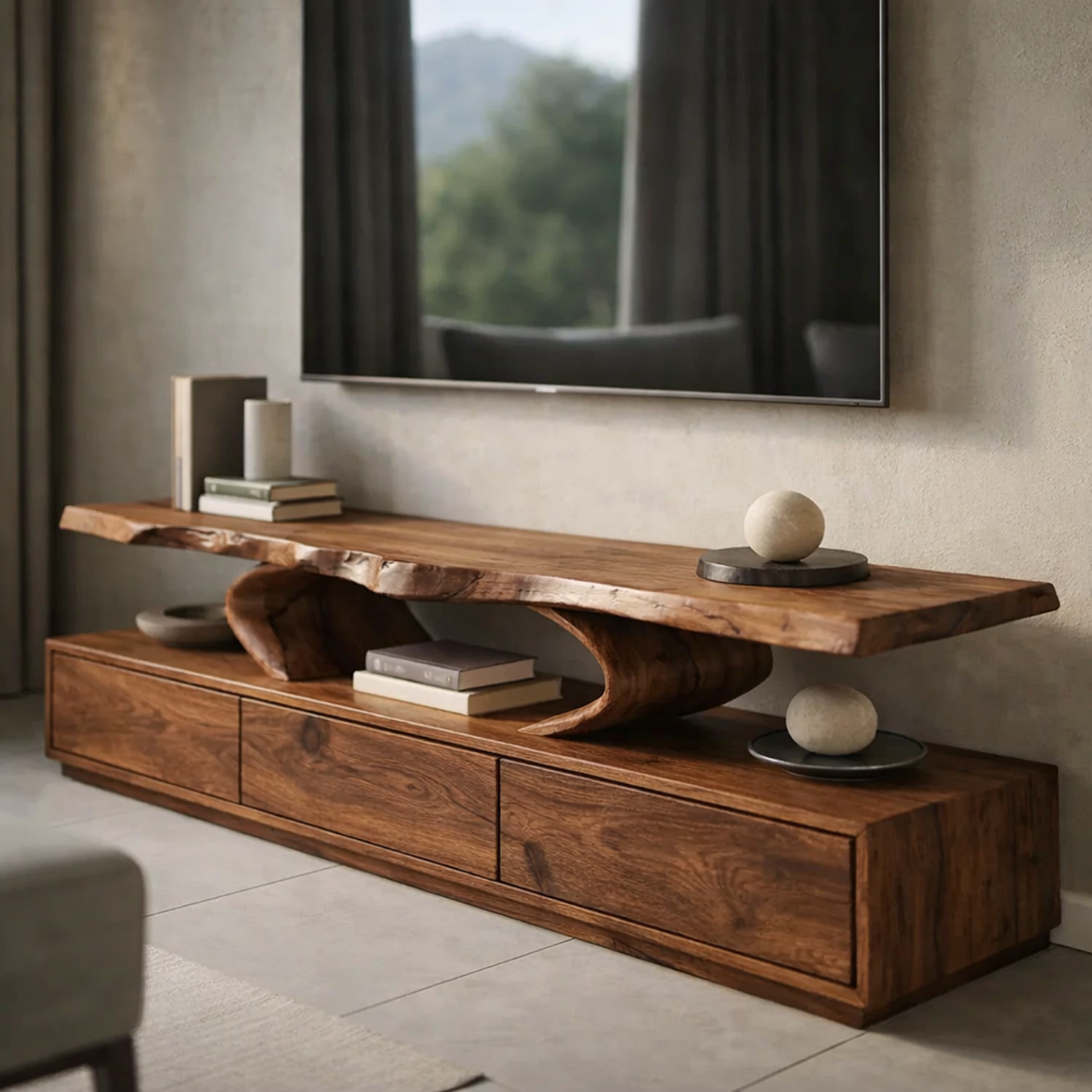 Live Edge Solid Wood TV Stand – Organic Modern Low Profile Media Console with Storage