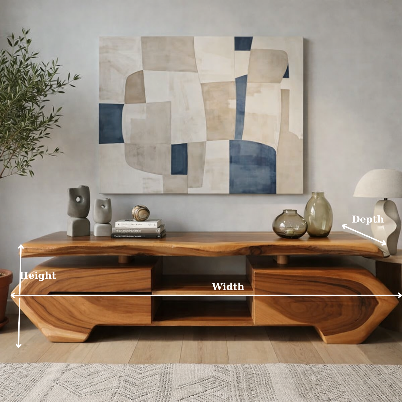 Live Edge Solid Wood TV Stand – Modern Oak Media Console with Sculptural Base