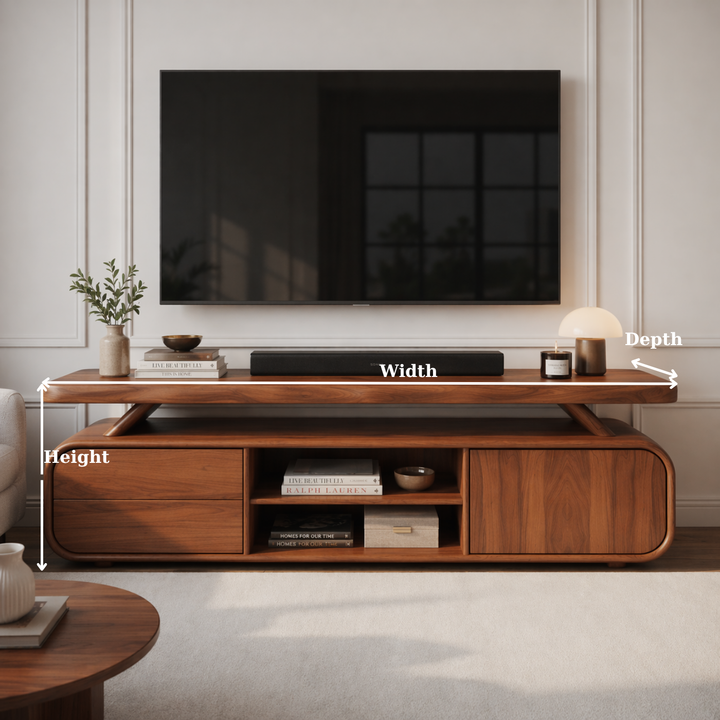 Solid Wood TV Stand with Rounded Edges – Modern Low Profile Media Console with Storage