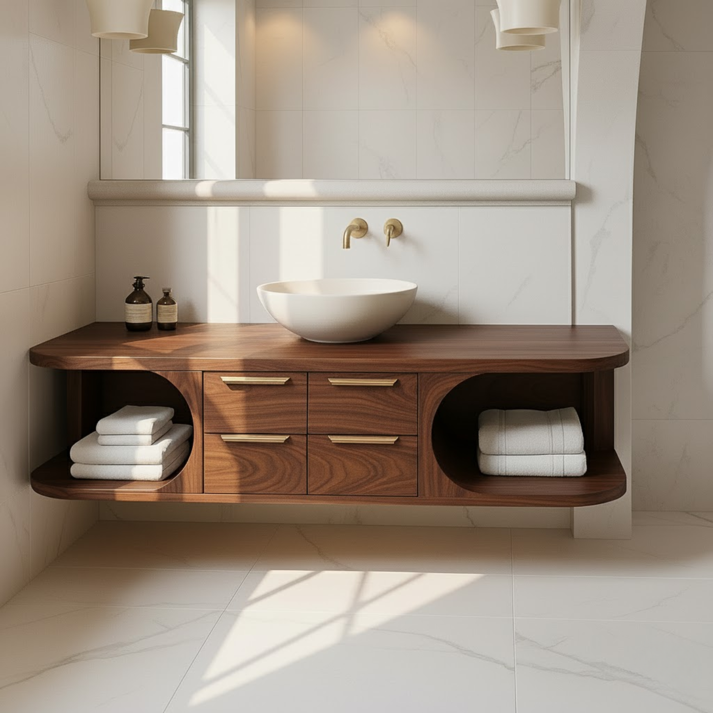 Floating Solid Wood Bathroom Vanity with Drawers and Open Shelves for Contemporary Bathrooms