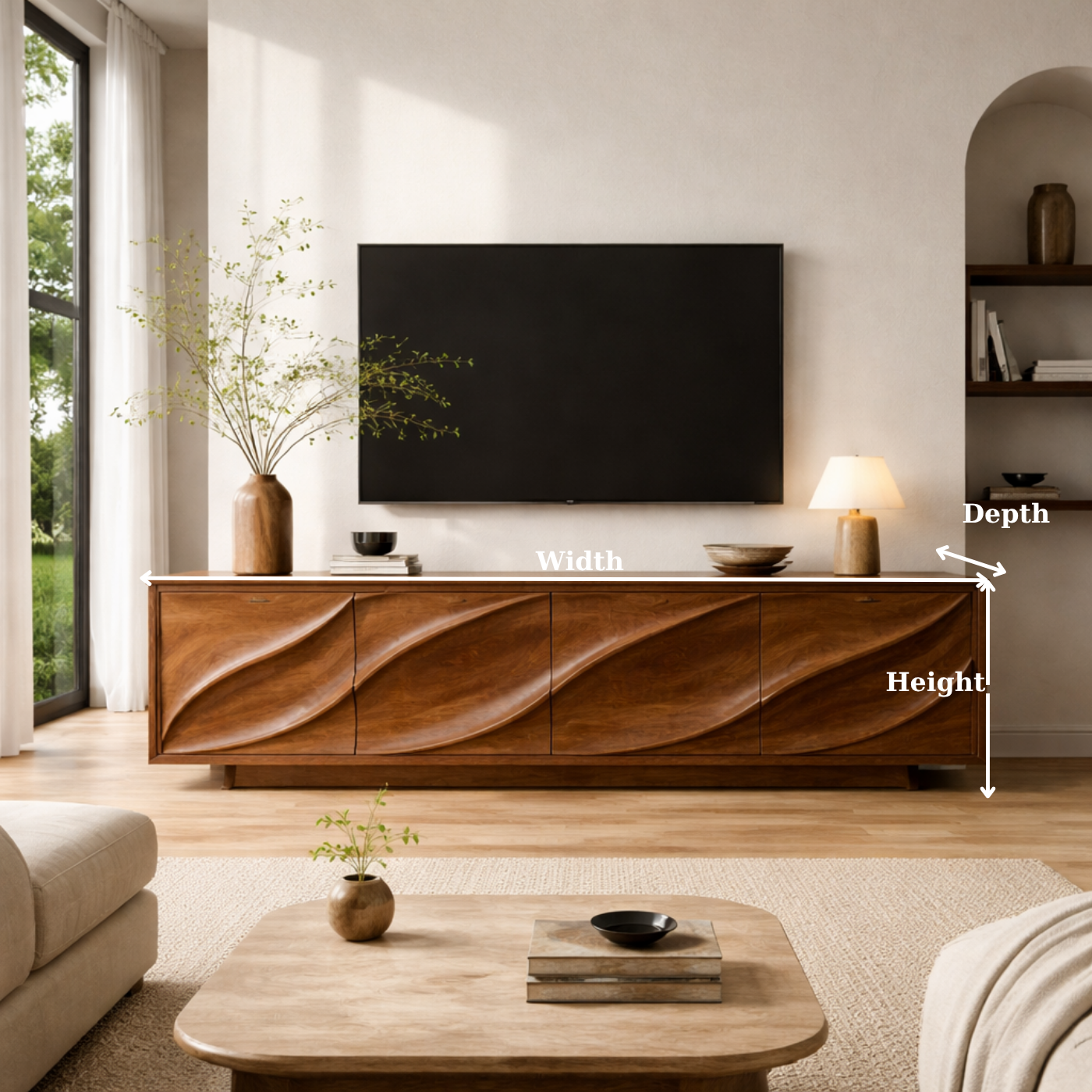 Solid Wood TV Stand with Carved Wave Front – Modern Luxury Media Console Cabinet