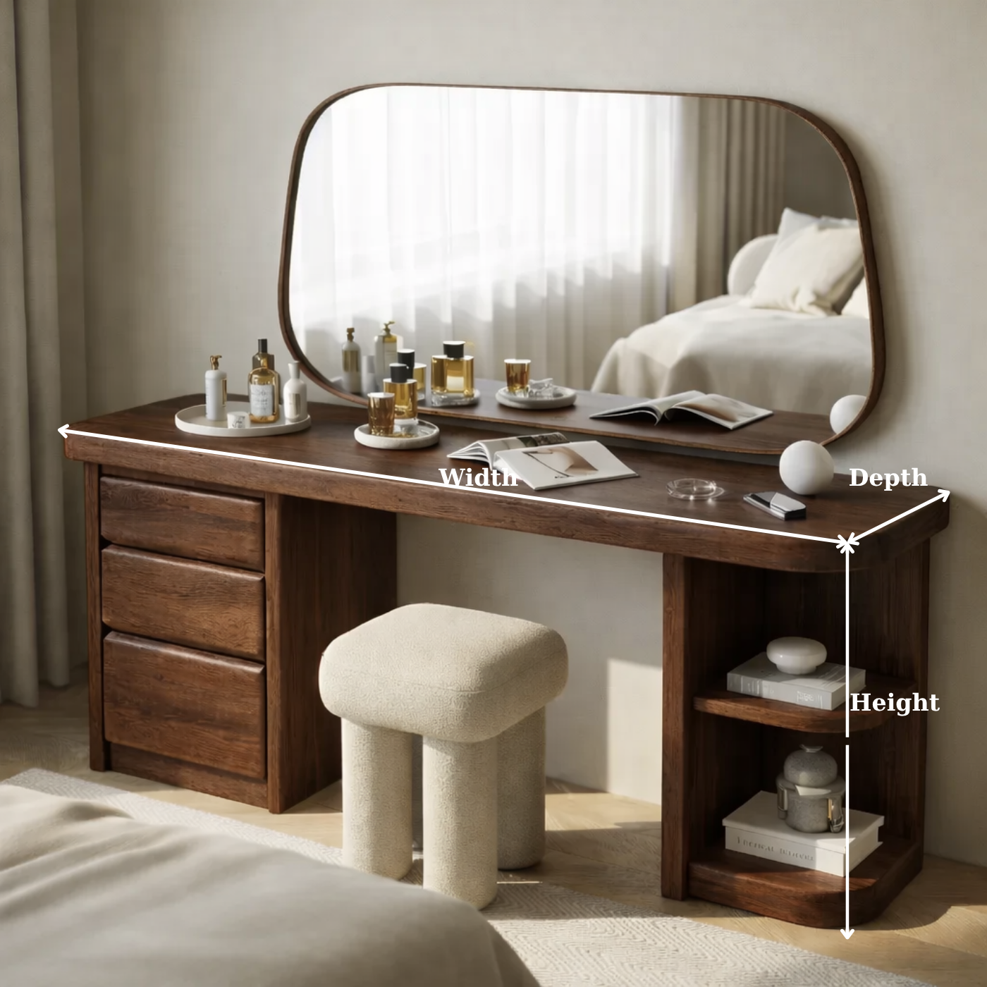 Solid Wood Makeup Vanity Desk – Modern Dressing Table with Drawers & Open Shelf