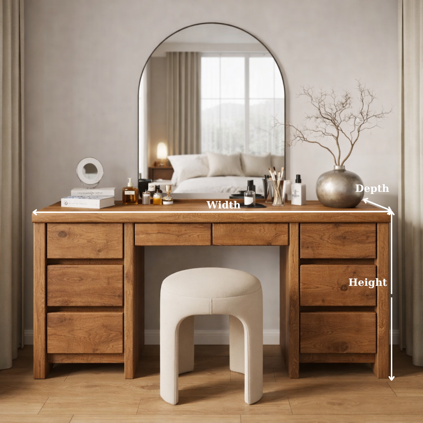 Solid Wood Makeup Vanity Desk – Modern Dressing Table with 8 Drawers Storage
