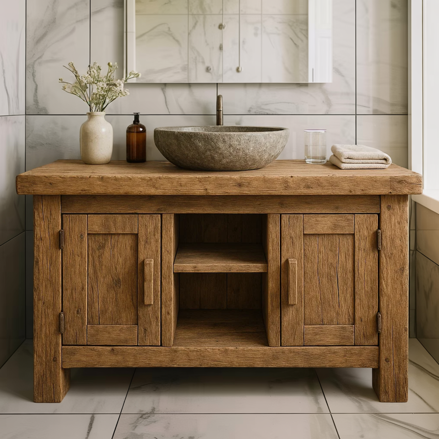 Farmhouse Solid Wood Bathroom Vanity Cabinet with Double Door Storage and Open Shelf