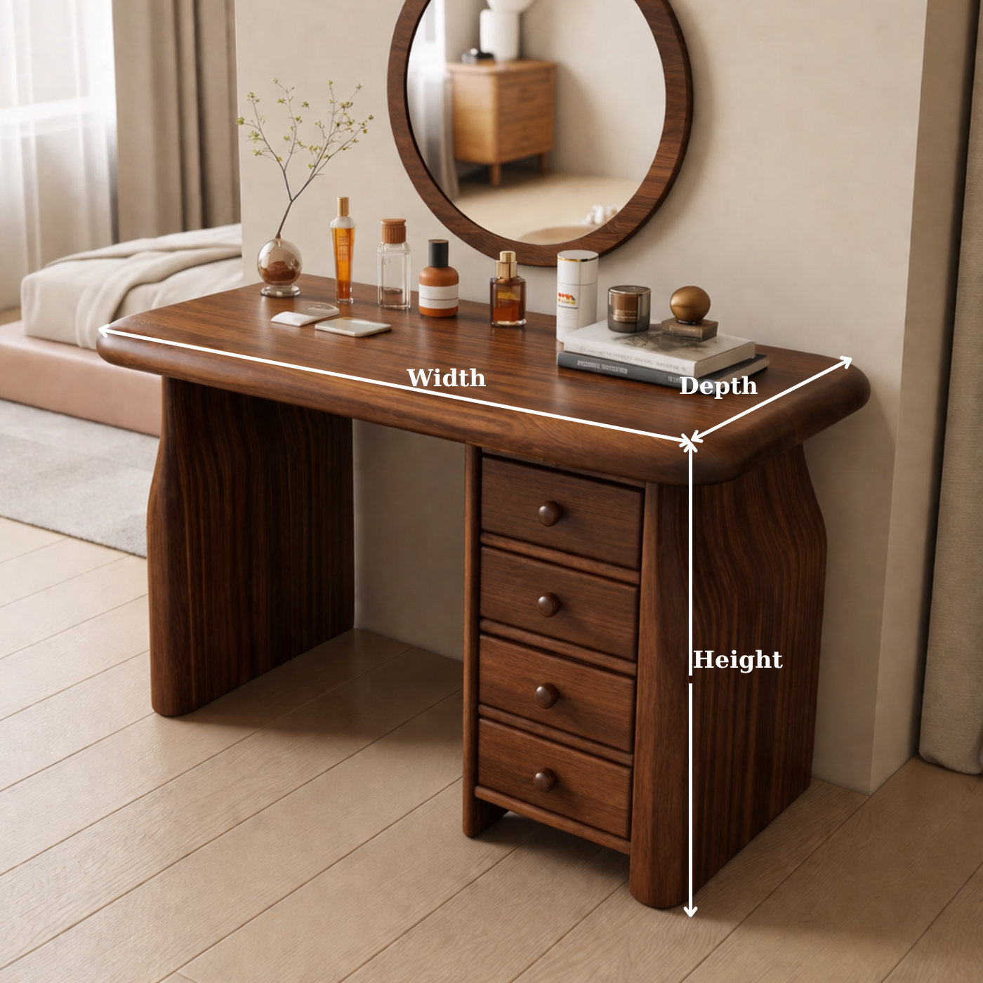 Solid Wood Makeup Vanity Desk with 4 Drawers, Curved Sculptural Wooden Dressing Table