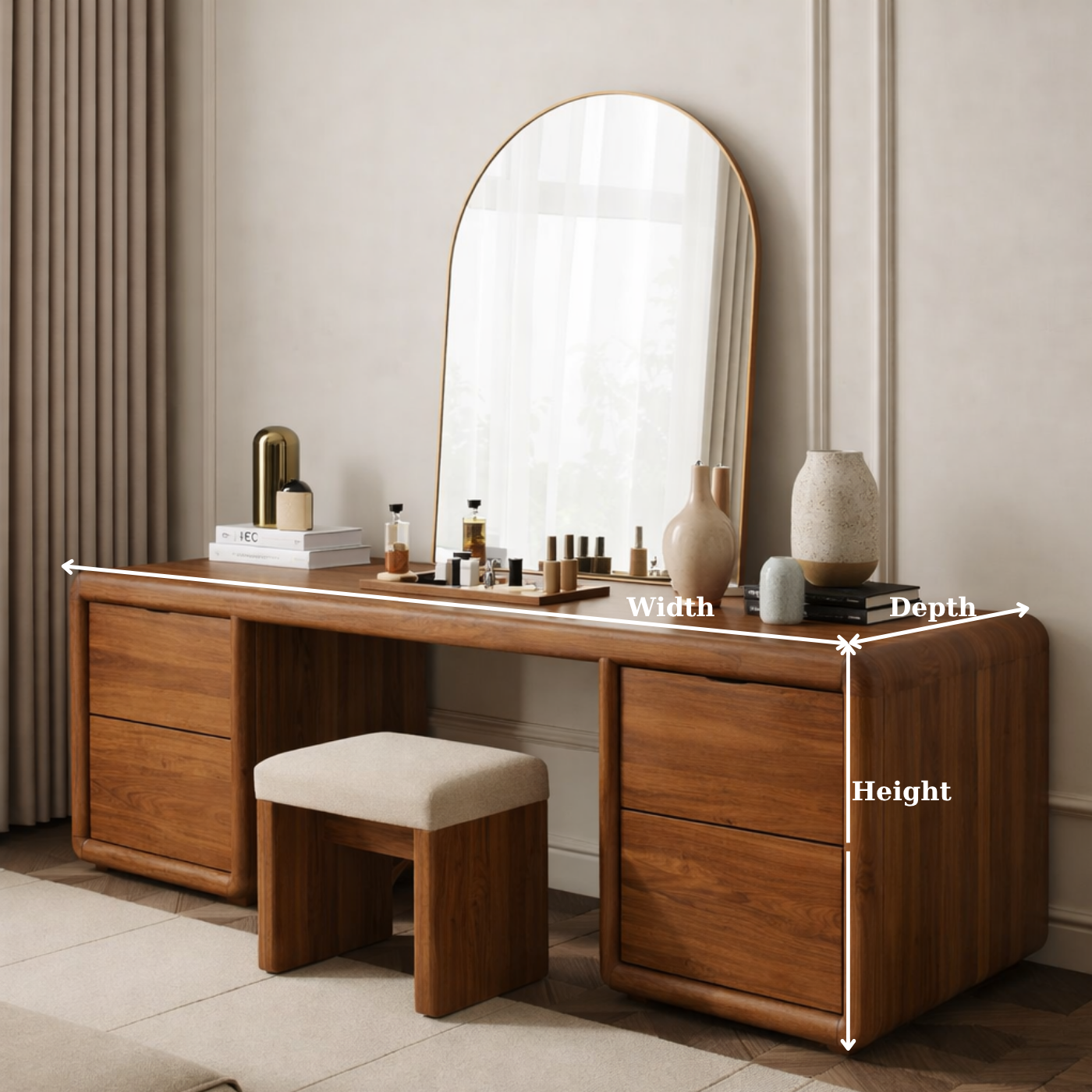 Solid Wood Makeup Vanity Desk with 4 Drawers, Rounded Waterfall Wooden Dressing Table