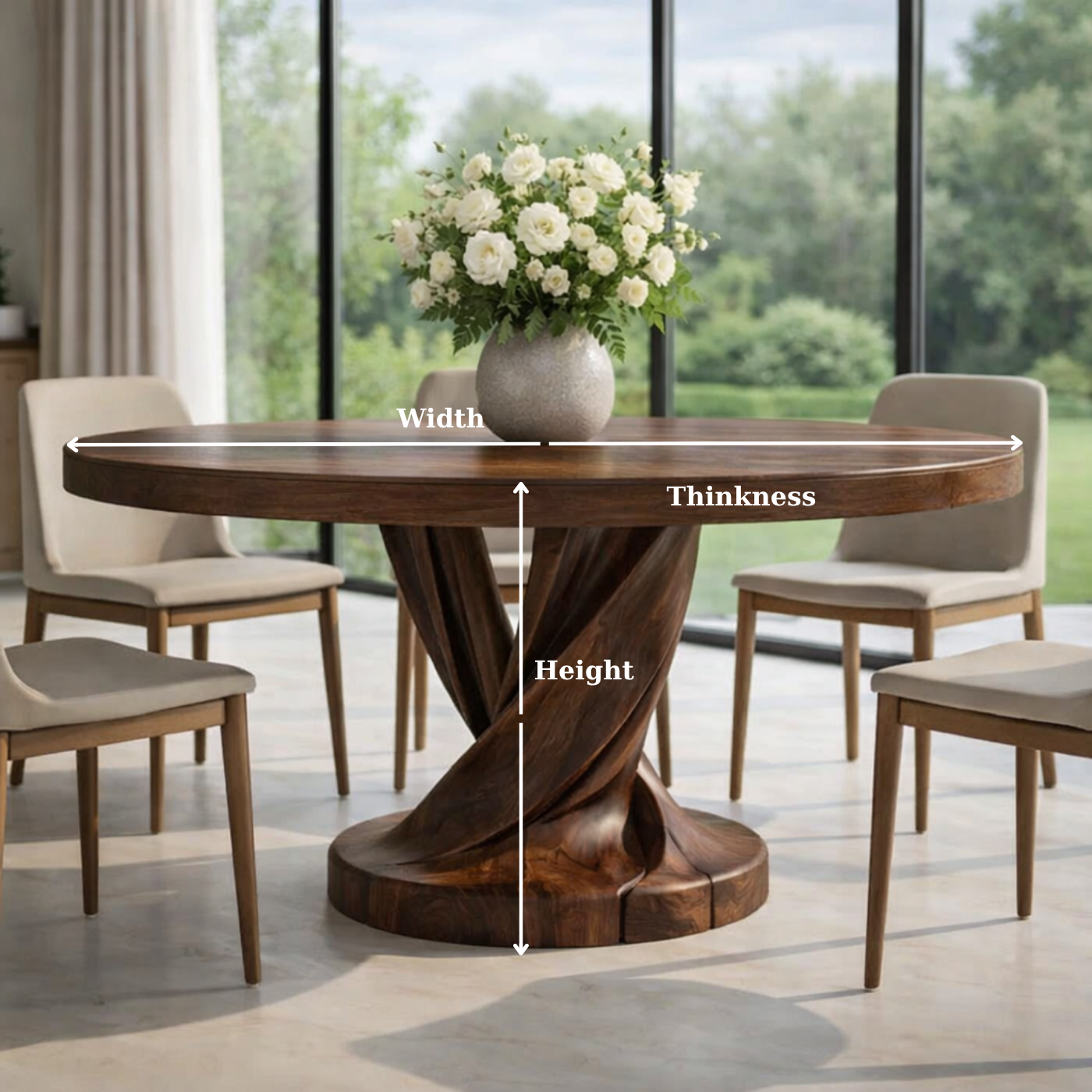 Round Solid Wood Dining Table with Sculptural Twisted Pedestal Base