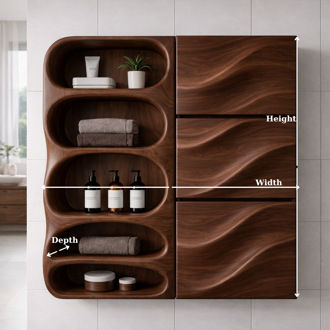 Solid Wood Bathroom Storage Cabinet with Wave Doors – Modern Wall Mounted Organizer