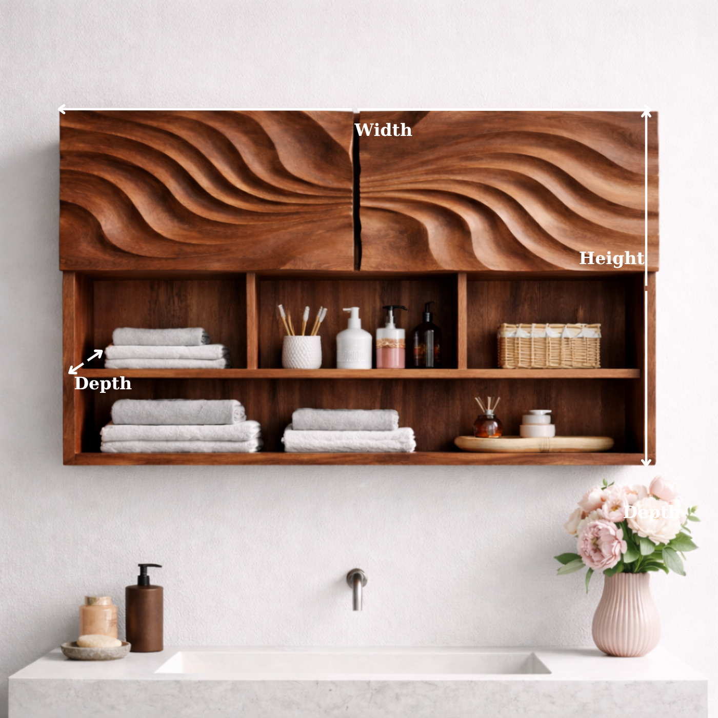 Solid Wood Floating Bathroom Shelf Cabinet with Wave Carved Doors