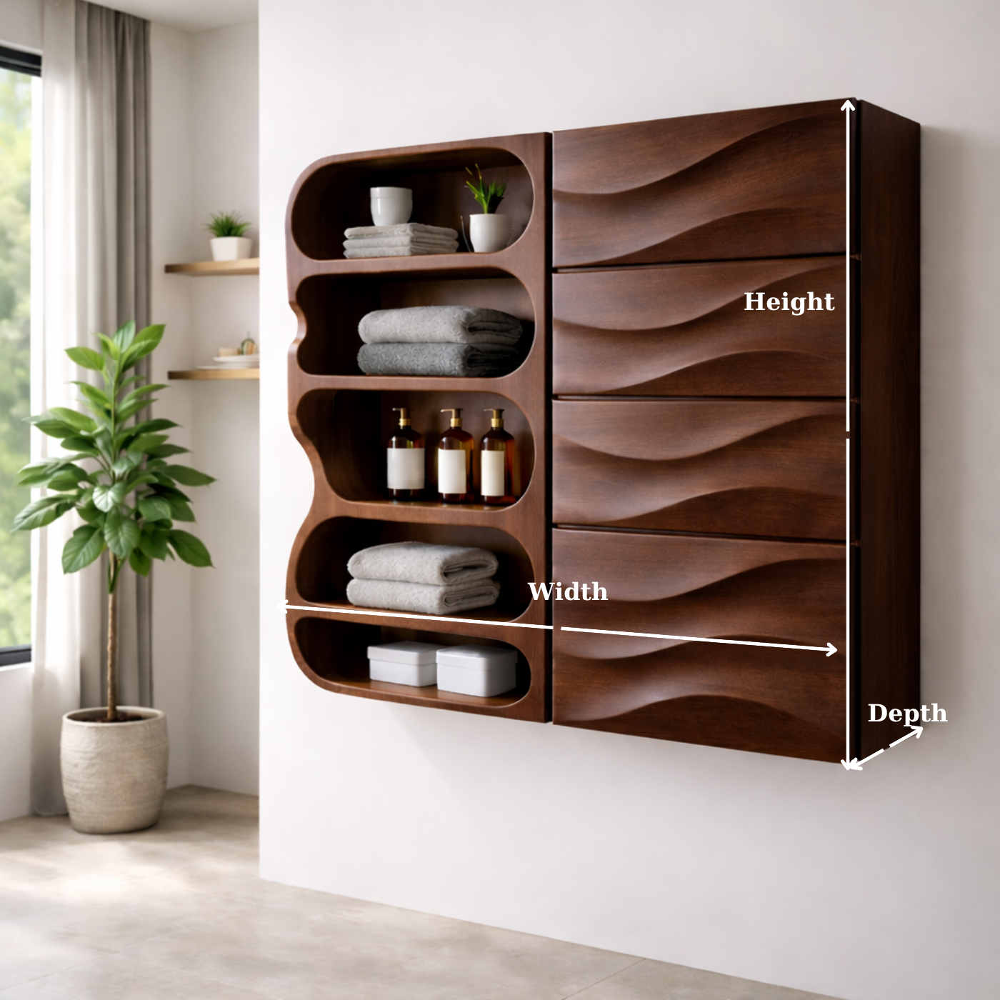 Solid Wood Floating Bathroom Cabinet with Wave Drawers & Open Shelves