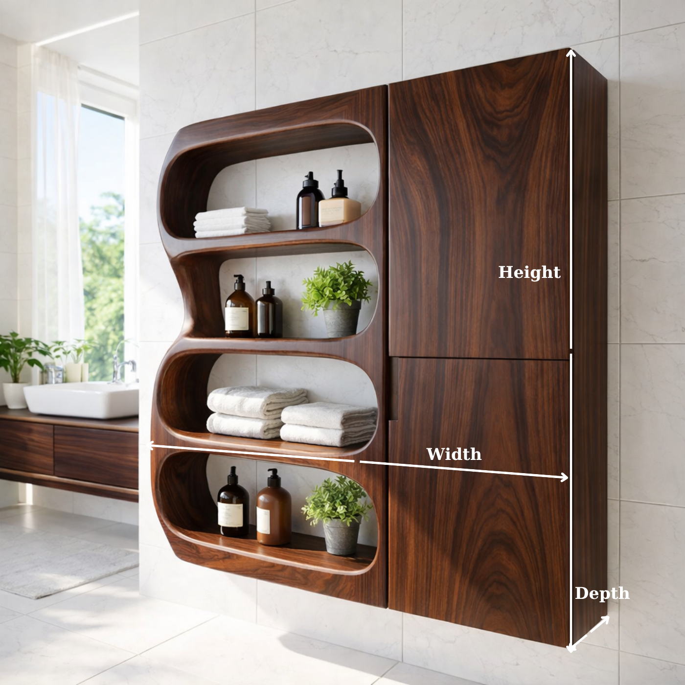 Solid Wood Floating Bathroom Cabinet with Curved Open Shelves & Storage Door