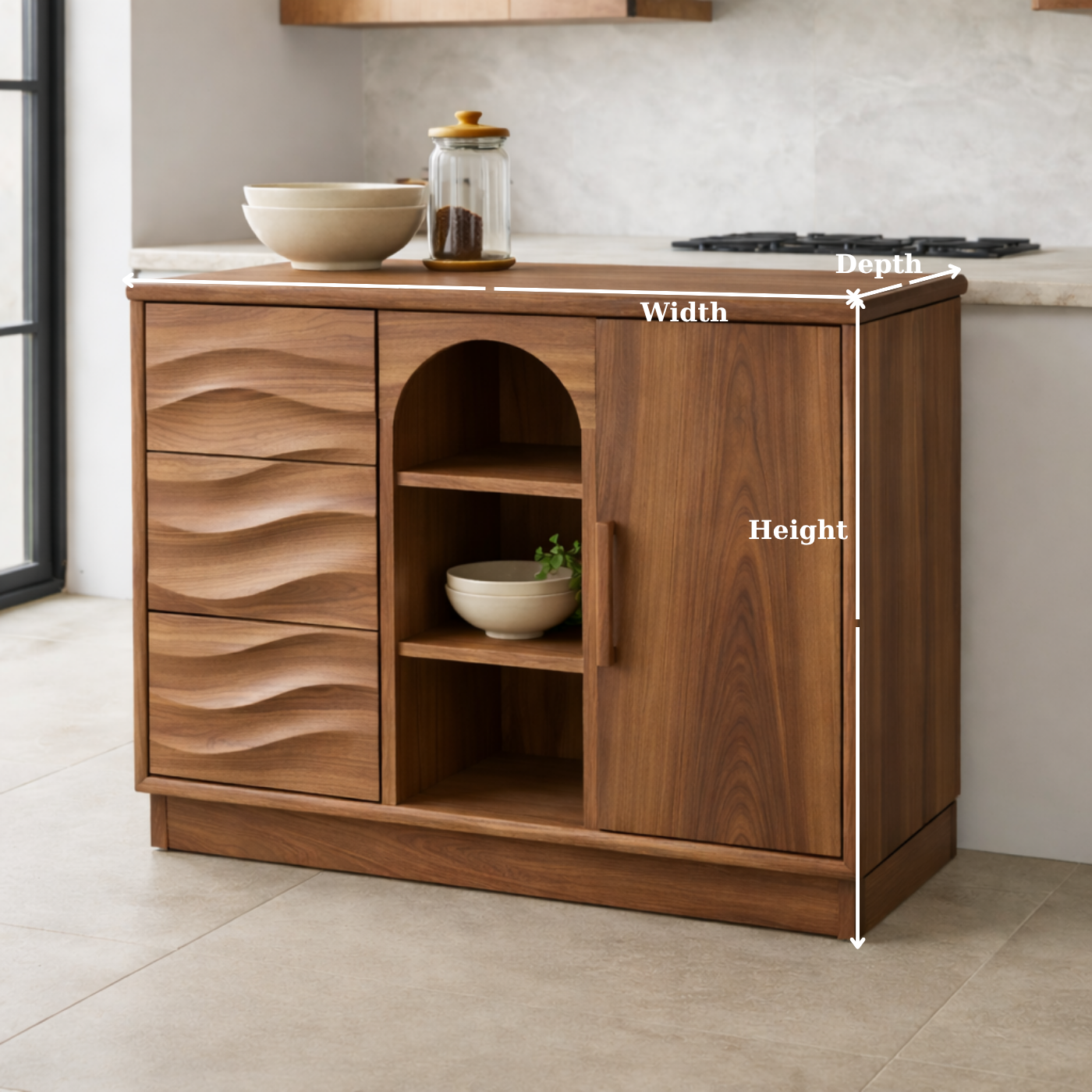 Solid Walnut Kitchen Island with Wave Drawers & Size Options