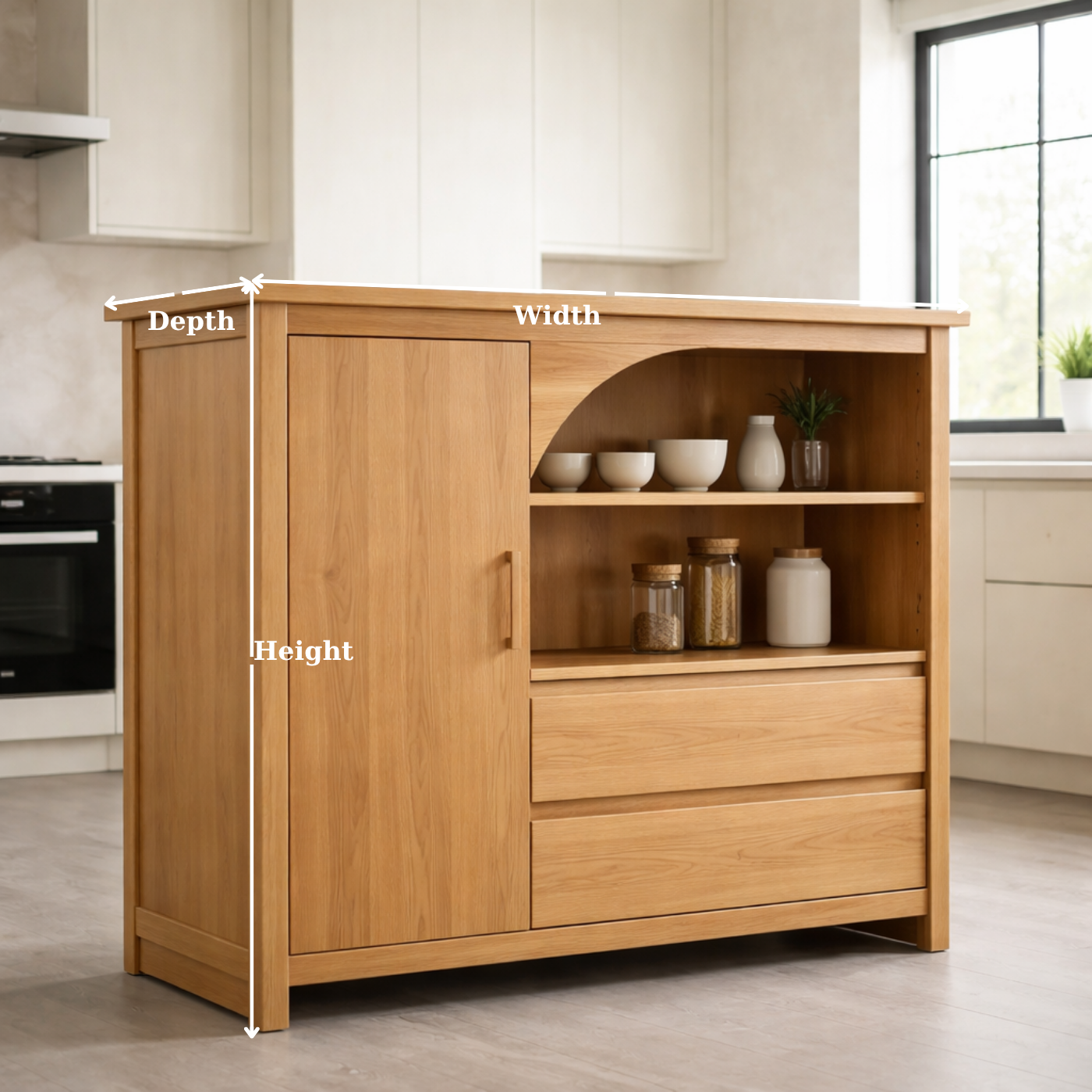 Solid Oak Kitchen Island with Arched Open Shelf & Drawer Storage