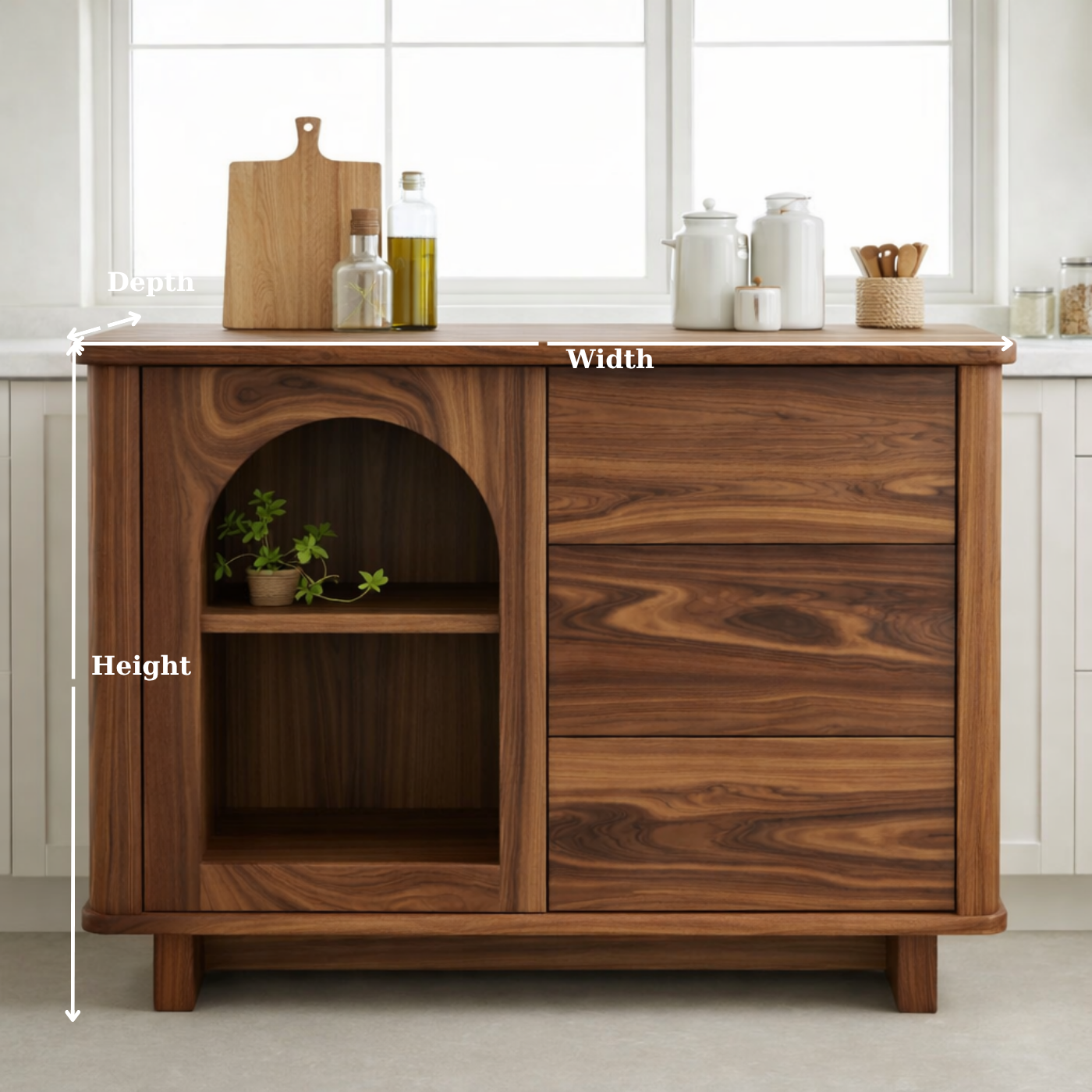 Solid Walnut Kitchen Island with Arched Open Shelf & Drawer Storage