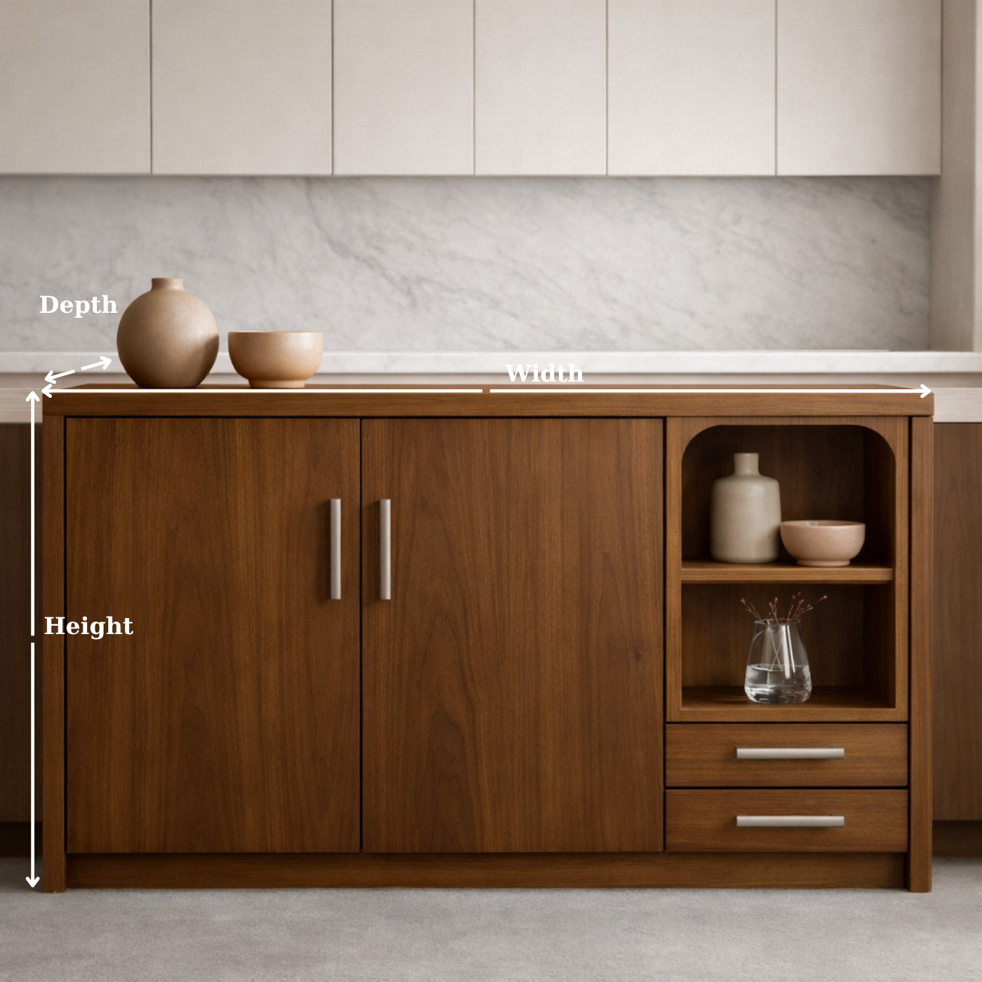 Solid Walnut Kitchen Island with Double Doors, Open Shelf & Drawer Storage