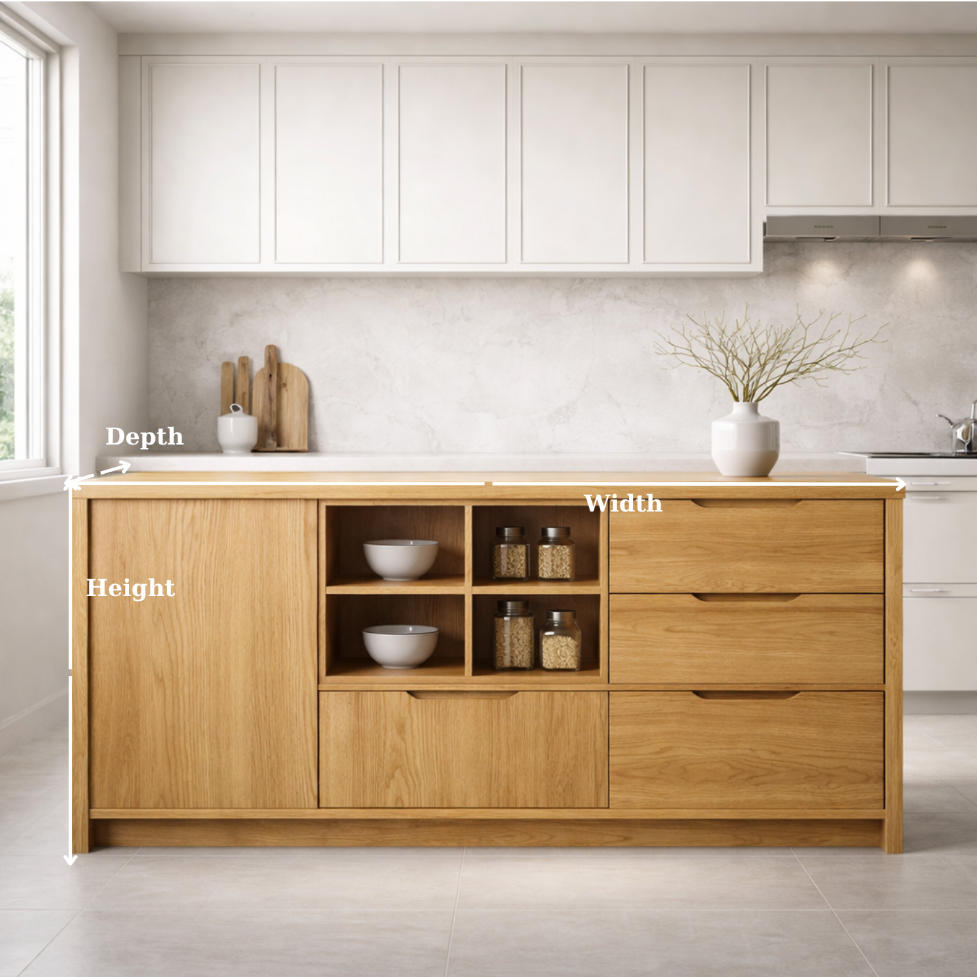 Solid Oak Kitchen Island with Drawer Storage & Open Shelving