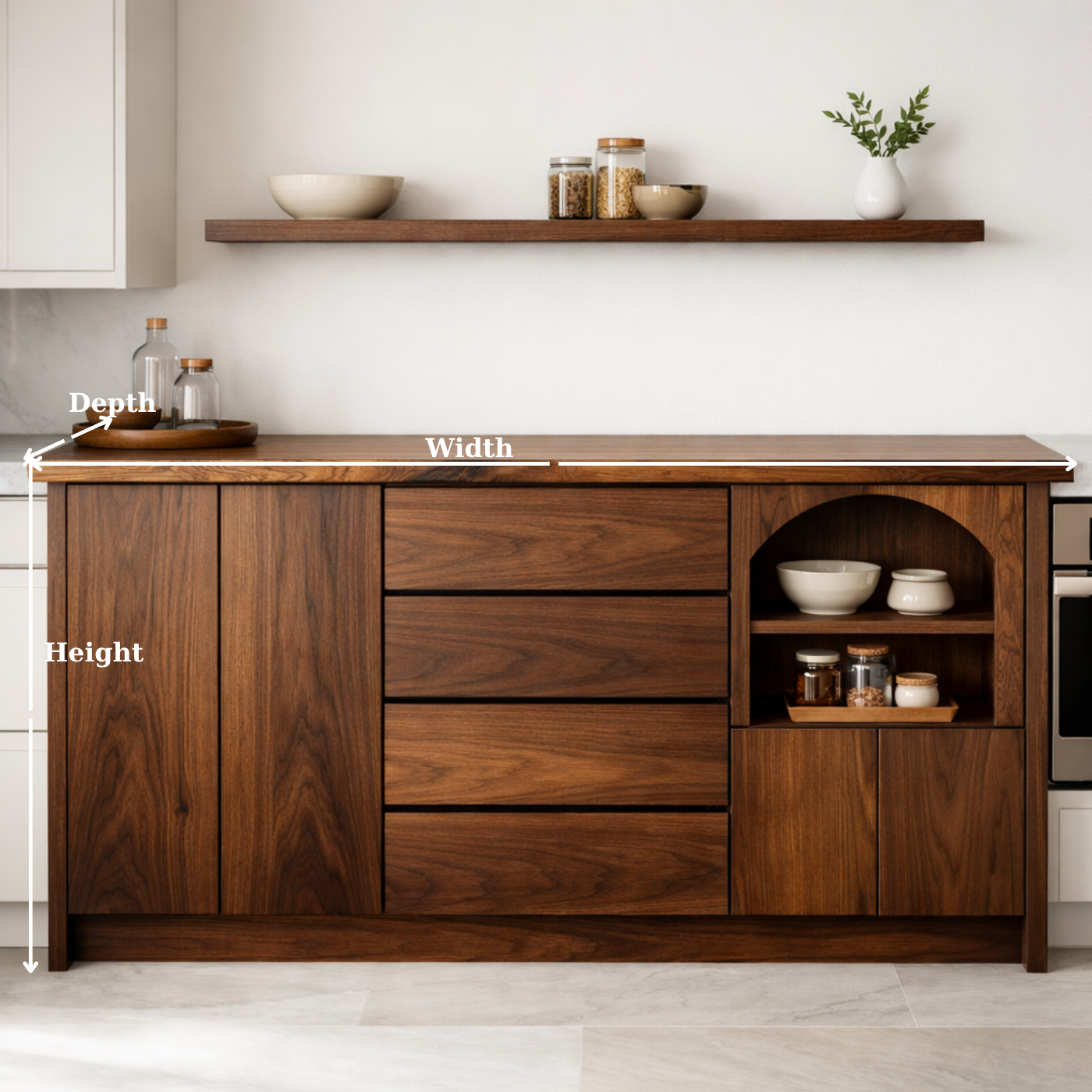 Solid Walnut Kitchen Island with Drawers, Doors & Arched Open Shelf