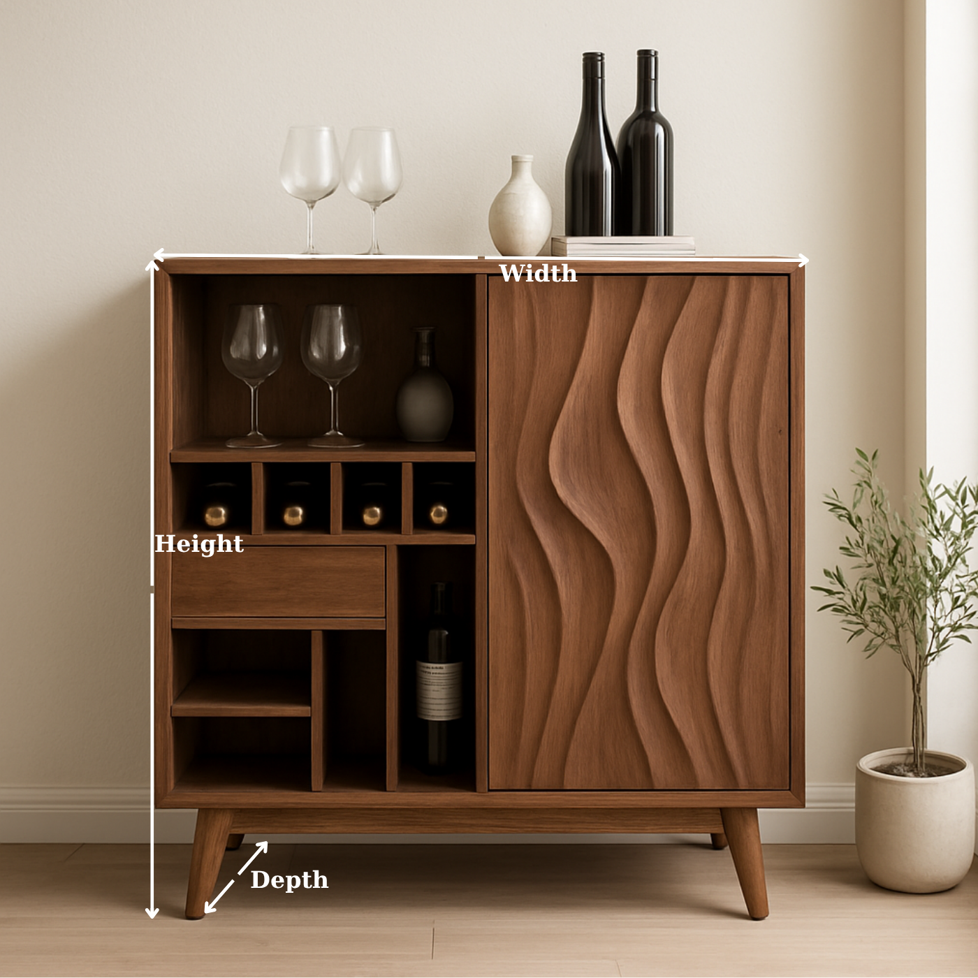 Solid Wood Wine Cabinet with Wave Carved Door and Compact Bottle Storage