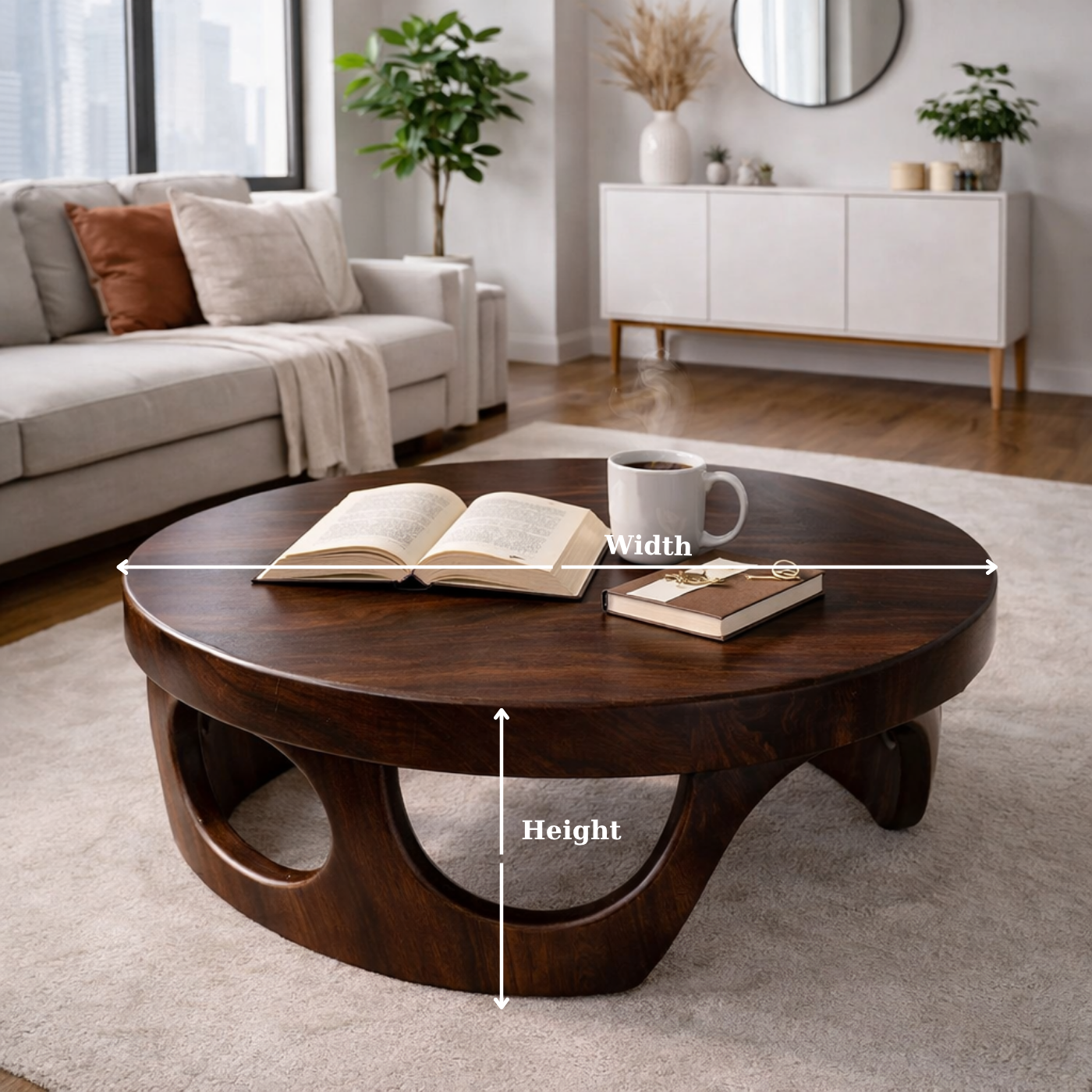 Round Solid Wood Coffee Table with Sculptural Base and Rich Walnut Finish