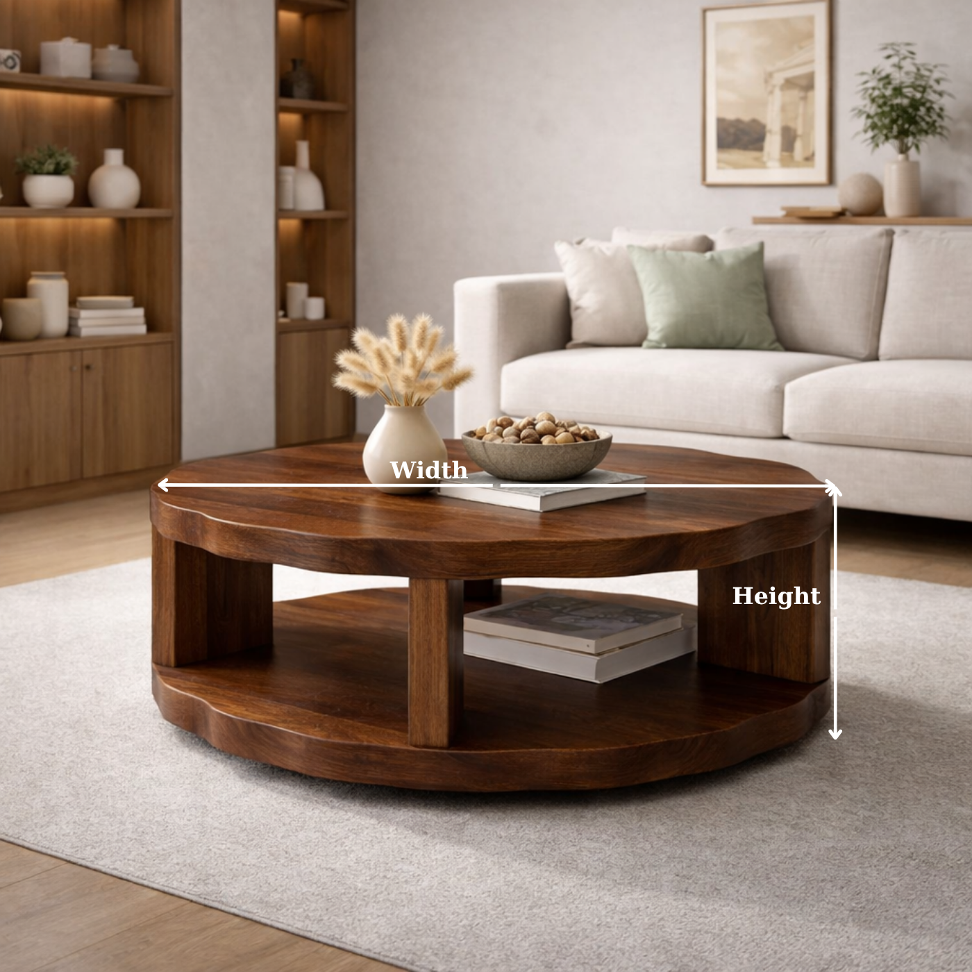 Round Solid Wood Coffee Table with Storage Shelf and Thick Slab Design