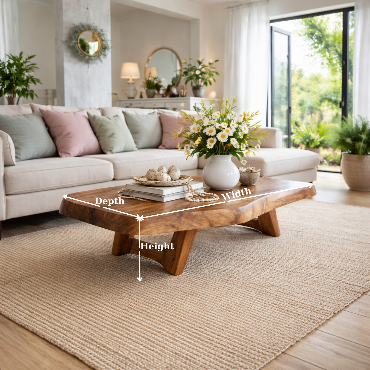 Solid Wood Coffee Table with Live Edge Top and Sculptural Base