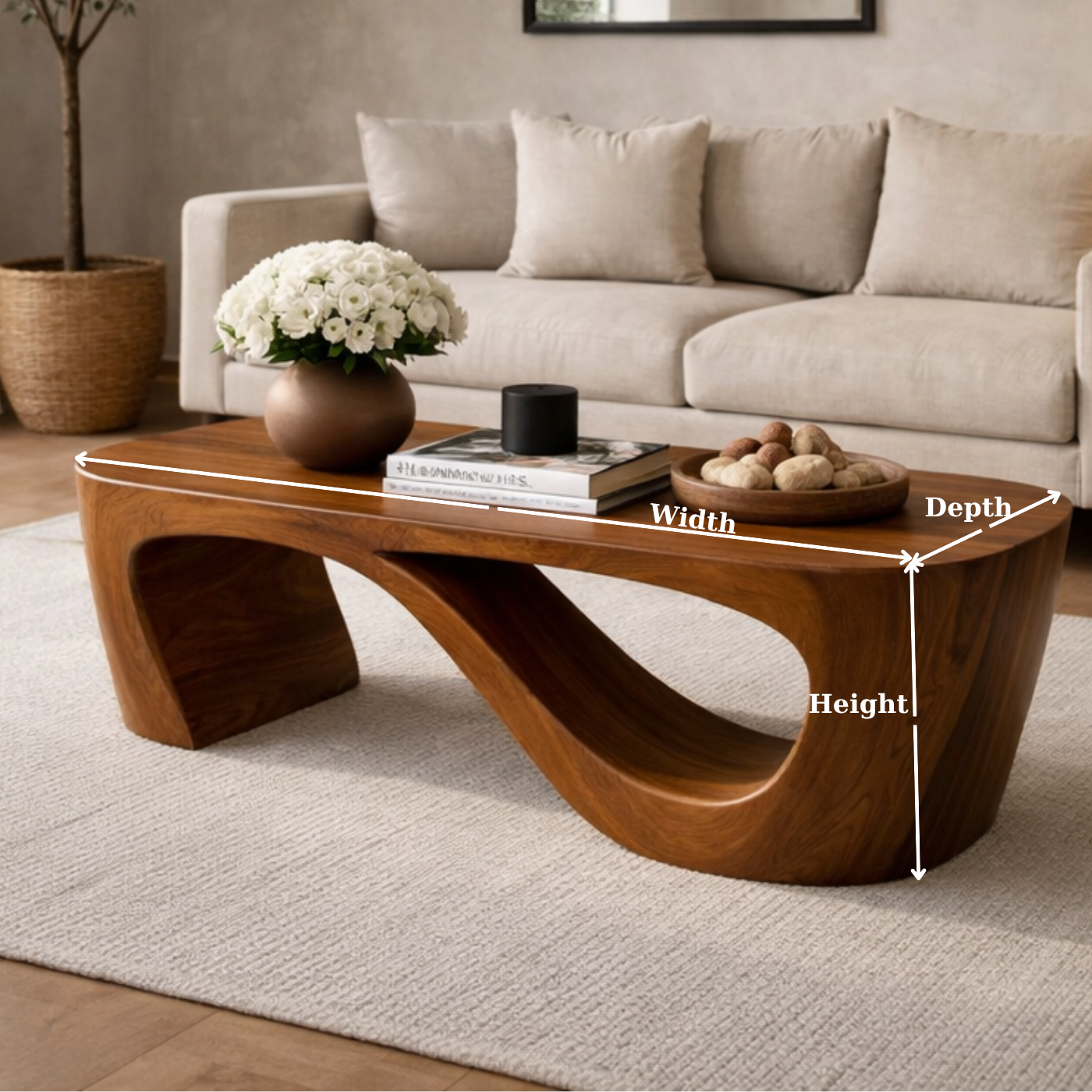 Solid Wood Coffee Table with Sculptural Curved Base and Organic Minimal Design