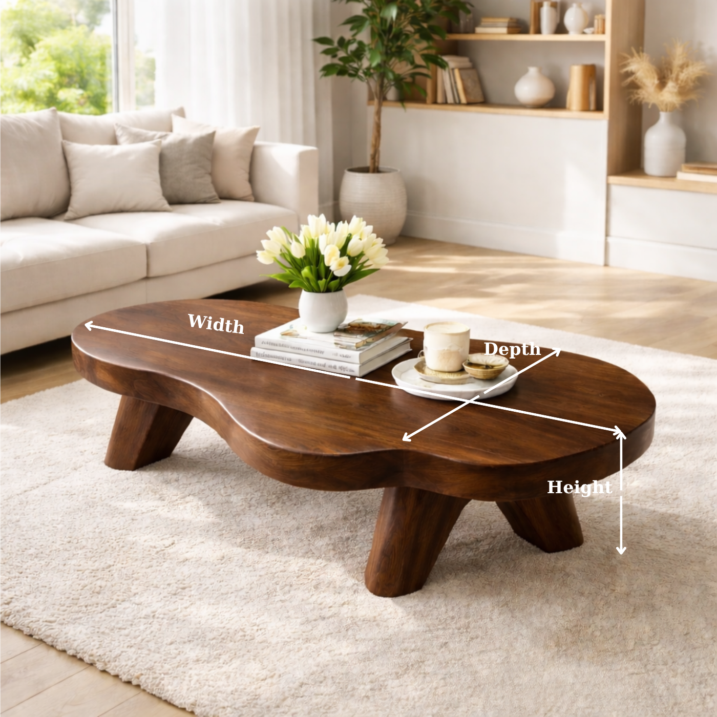 Organic Solid Wood Coffee Table with Sculpted Base and Smooth Curved Top