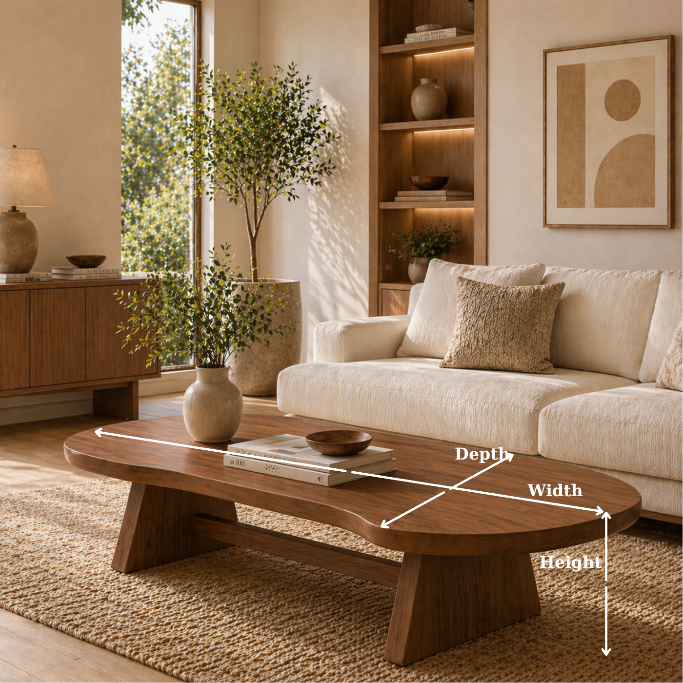 Solid Wood Coffee Table with Organic Oval Top and Angled Base