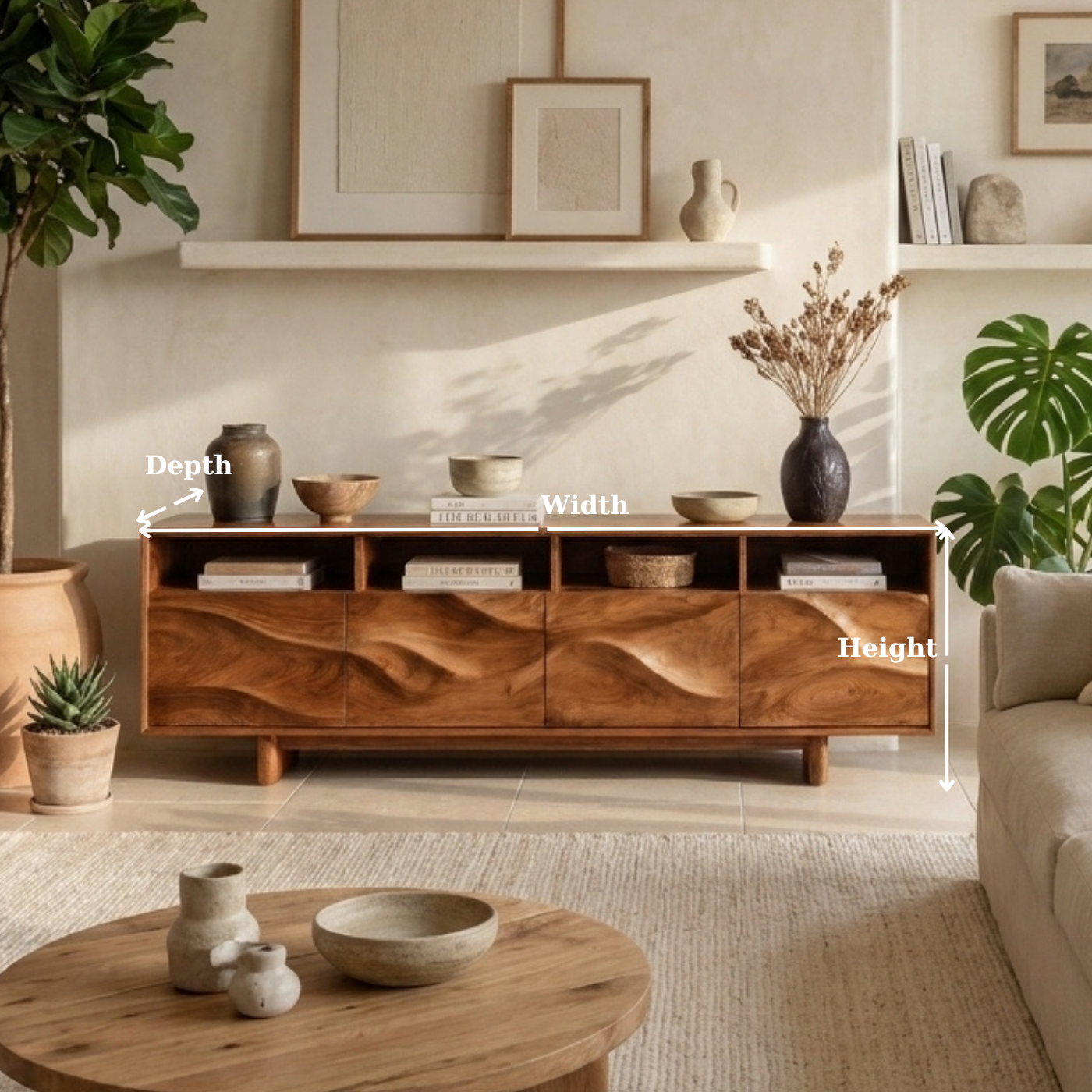 Solid Wood TV Stand with Wave Carved Doors and Open Storage in Walnut Finish