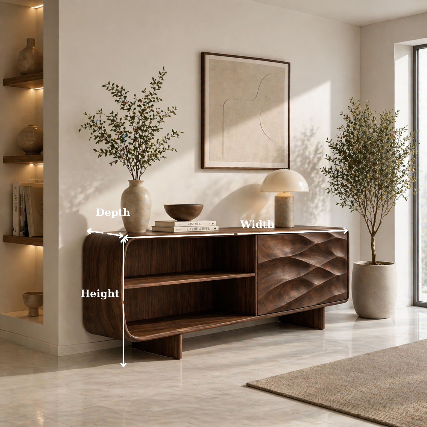 Solid Wood TV Stand with Curved Frame and Wave Carved Door in Walnut Finish