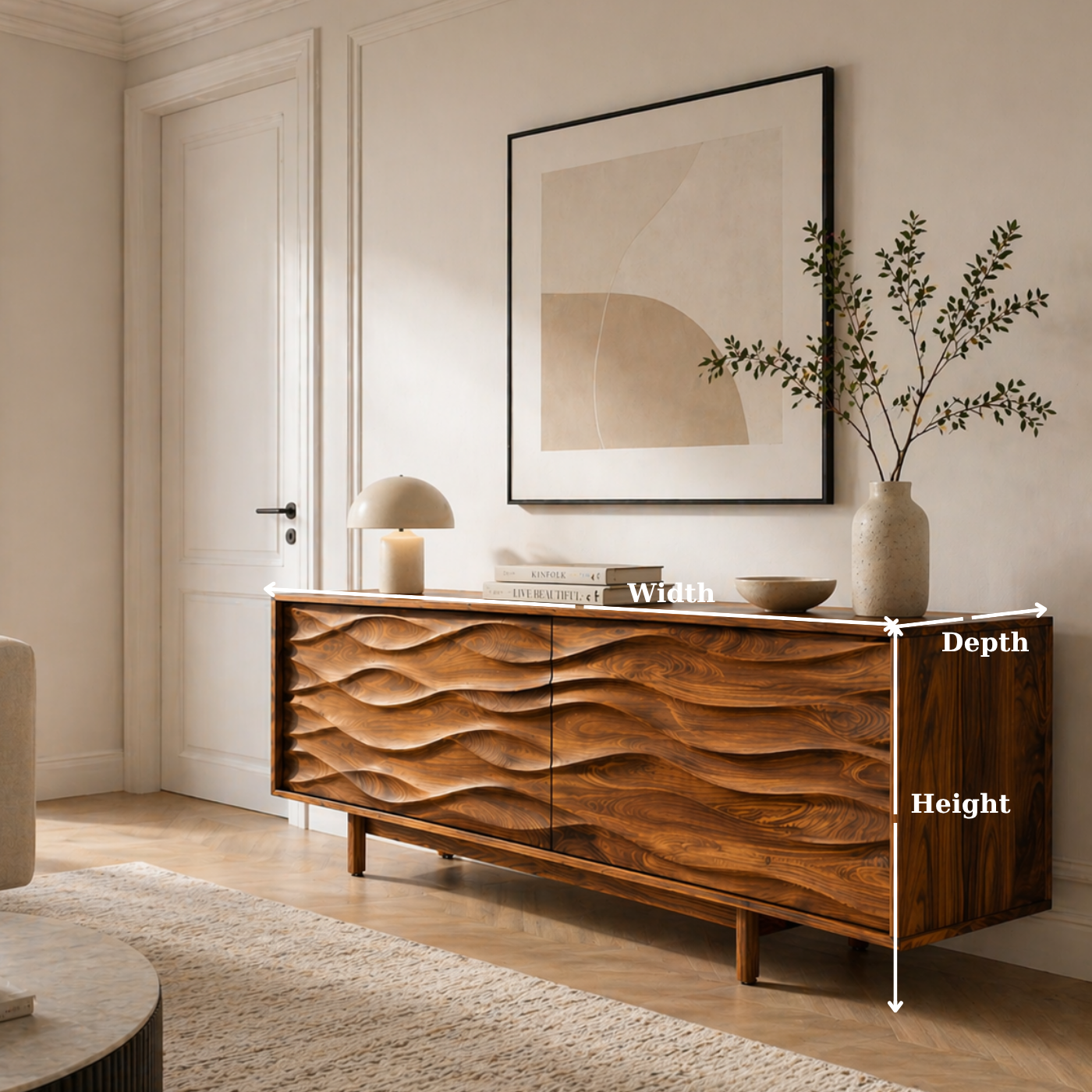 Solid Wood TV Stand with Sculpted Wave Carved Doors in Rich Walnut Finish