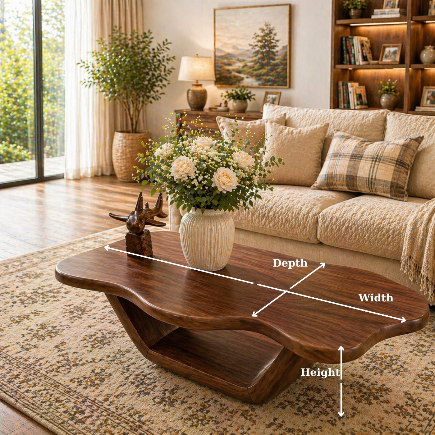 Solid Wood Coffee Table with Organic Curved Top and Sculptural Base