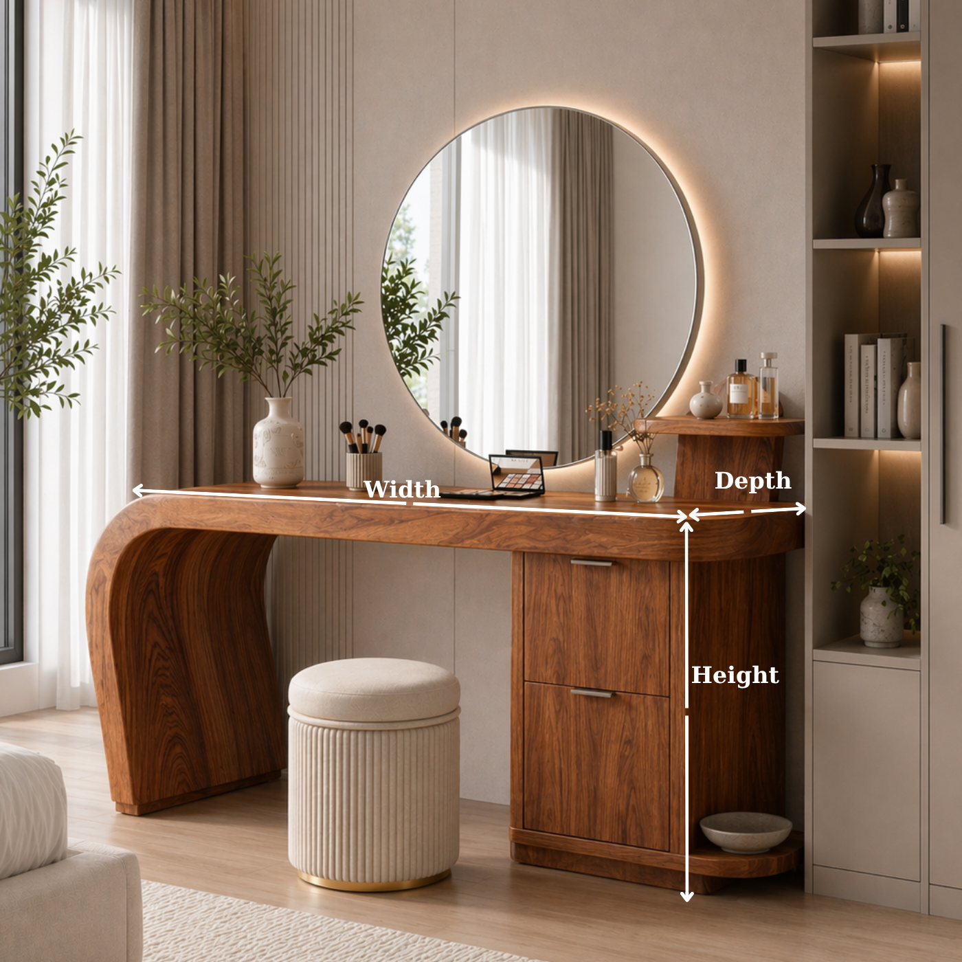 Solid Wood Makeup Vanity Desk with Curved Base and Storage Cabinet