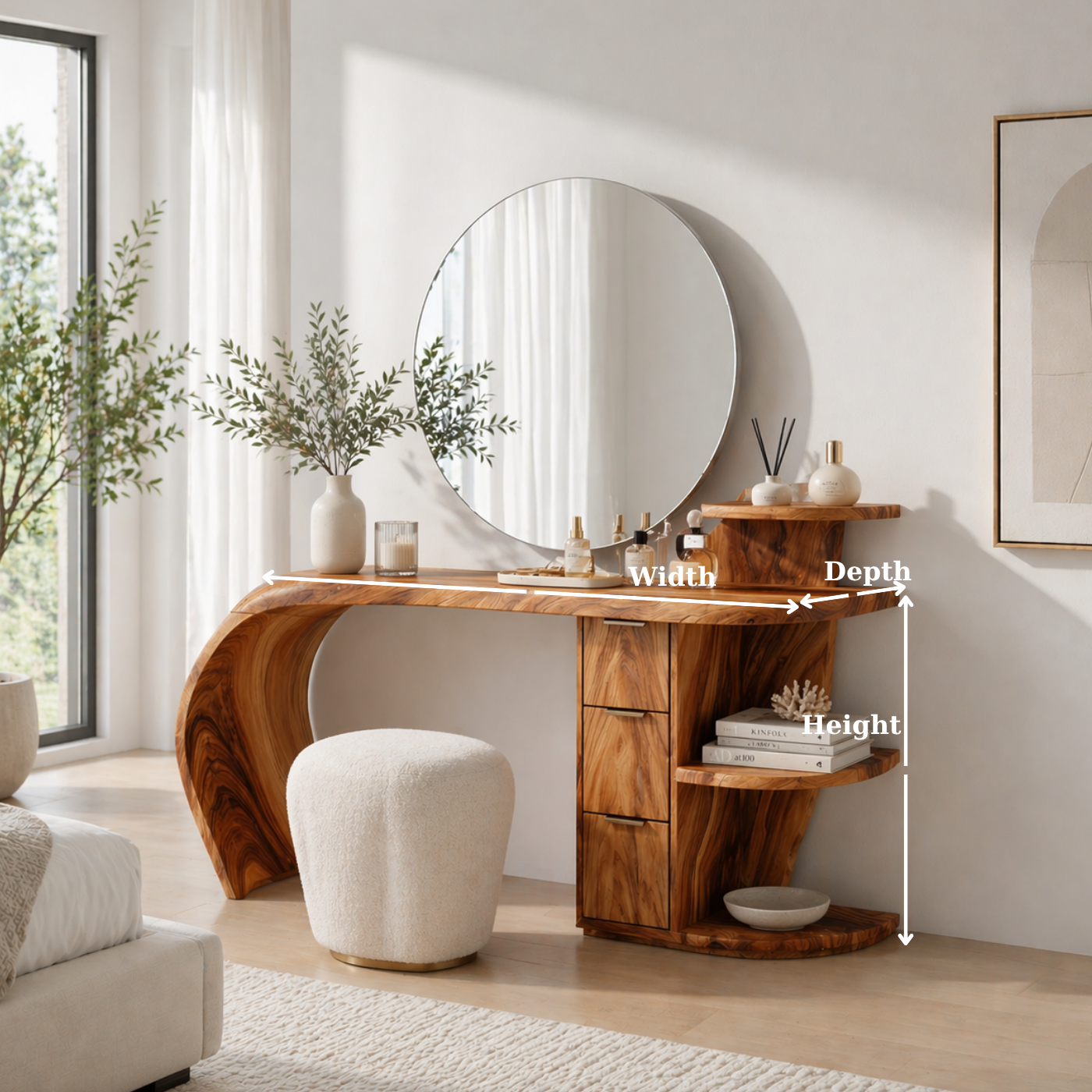 Solid Wood Makeup Vanity Desk with Sculptural Curved Design and Storage Drawers
