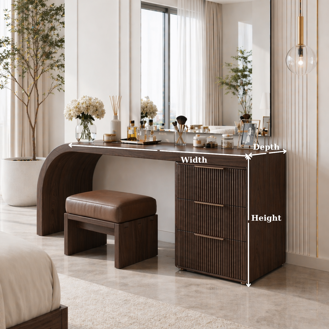 Solid Wood Makeup Vanity Desk with Curved Base and Fluted Drawer Cabinet