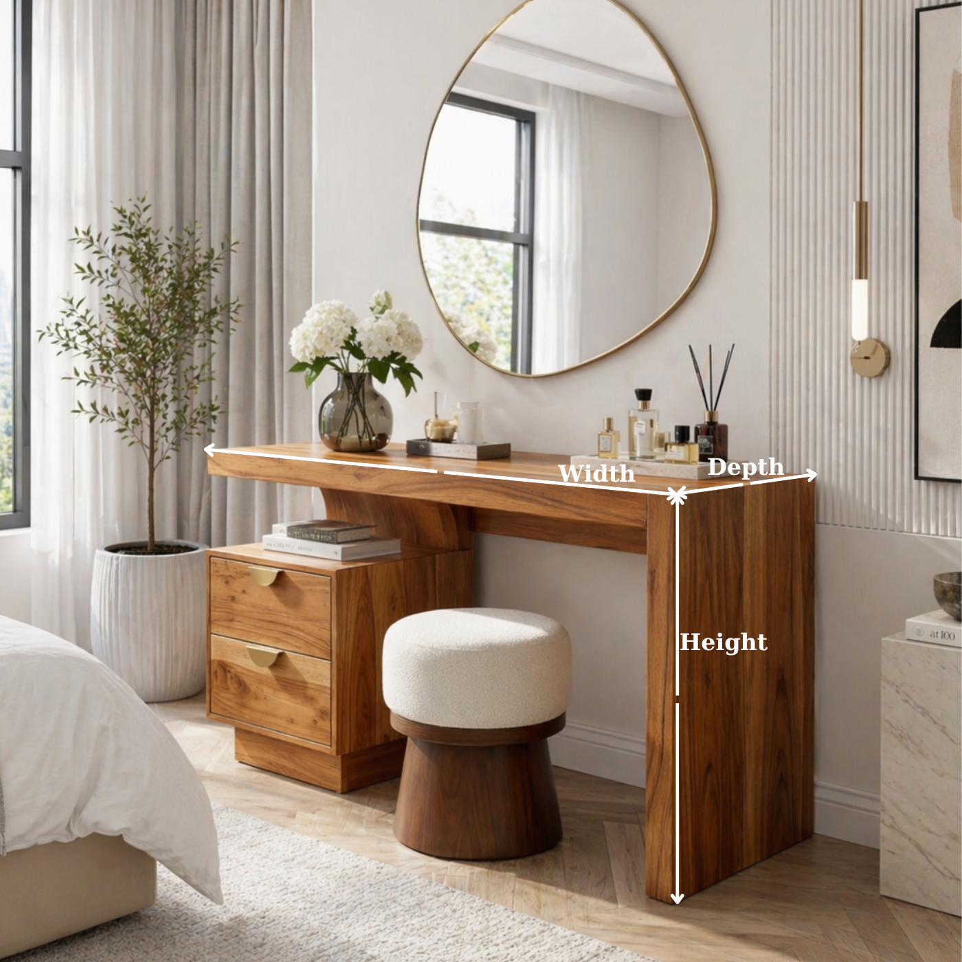 Solid Wood Makeup Vanity Desk with Thick Slab Design and Storage Drawers