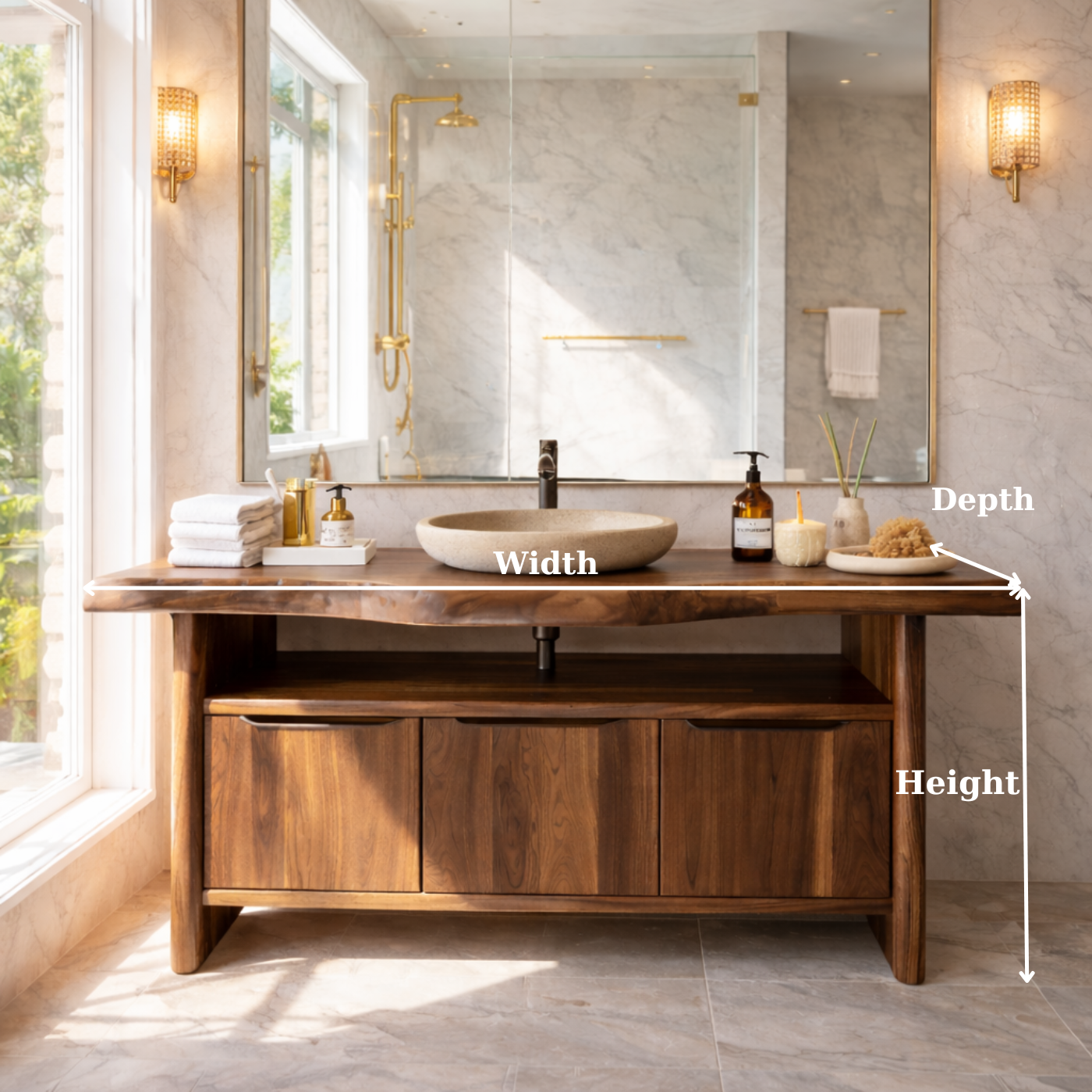 Live Edge Solid Wood Bathroom Vanity with Three Drawers and Open Shelf for Modern Luxury Bathrooms