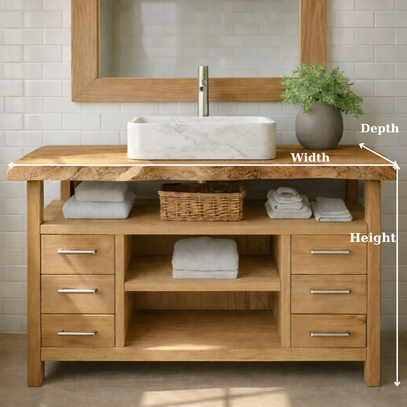 Solid Wood Bathroom Vanity with Six Drawers and Open Shelves – Freestanding Natural Wood Vanity Cabinet