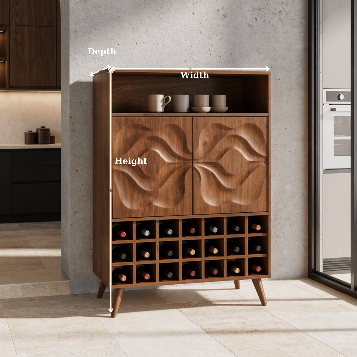 Solid Wood Wine Cabinet with Carved Doors and Grid Bottle Storage