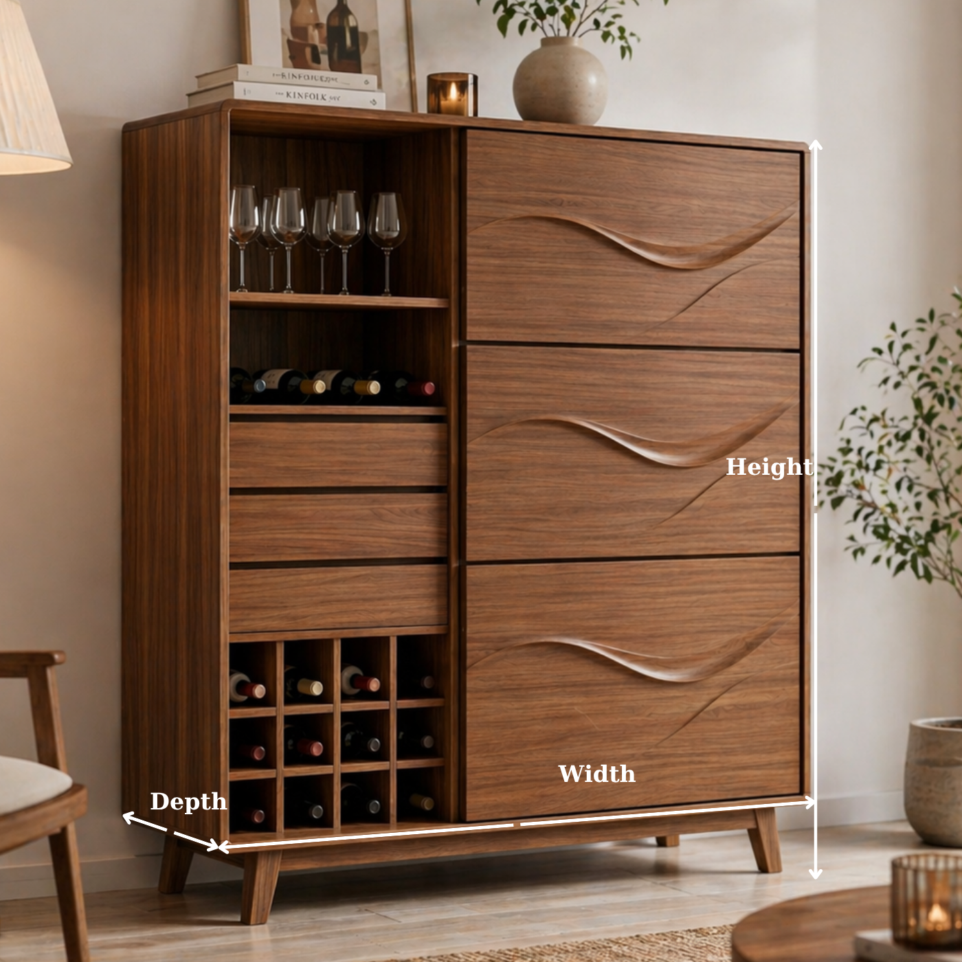 Solid Wood Wine Cabinet with Wave Carved Drawers and Bottle Storage