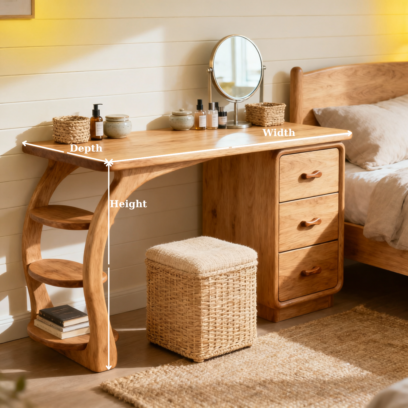Solid Wood Makeup Vanity Desk with Curved Side Shelves and Drawer Storage