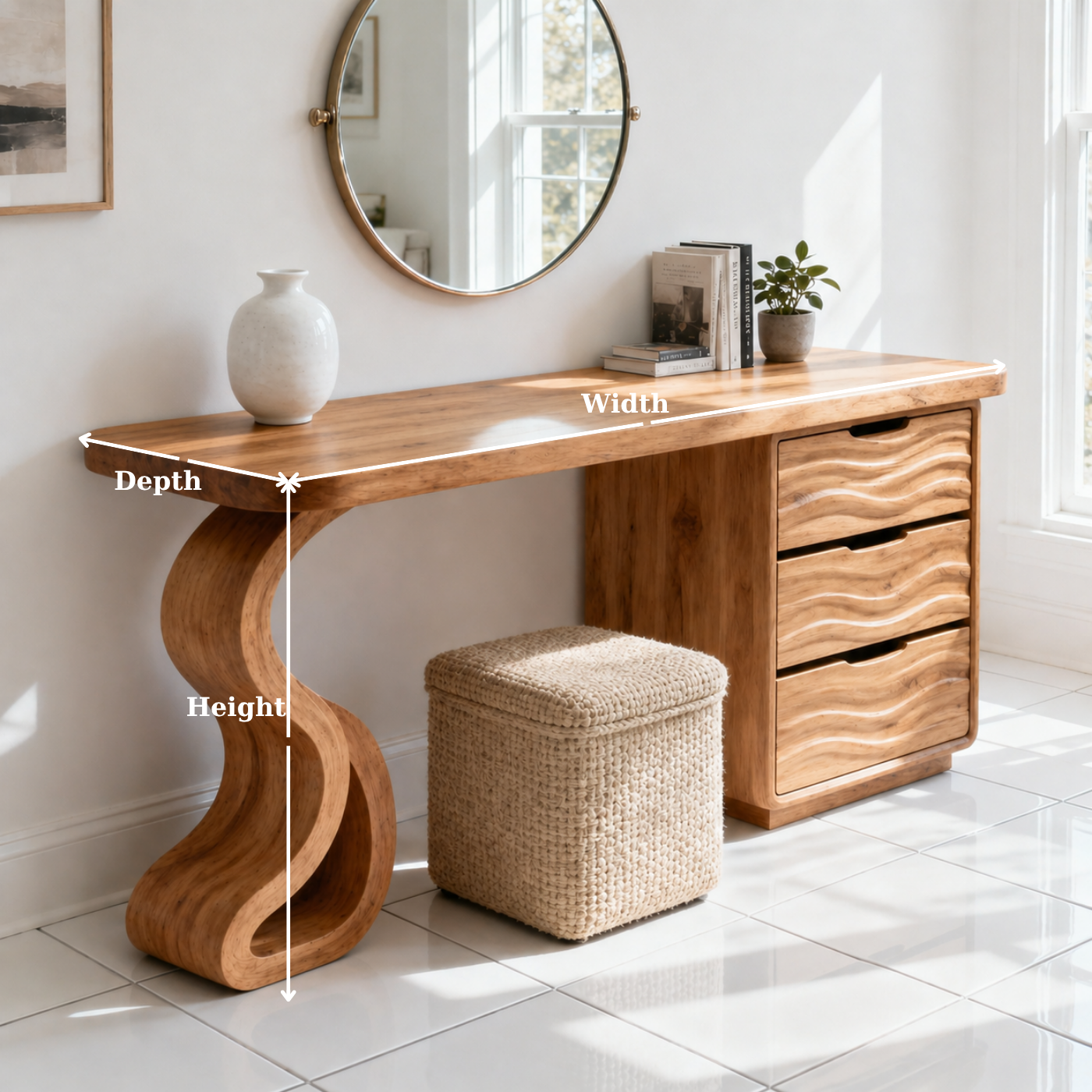 Solid Wood Makeup Vanity Desk with Wave Drawers and Sculptural Curved Base