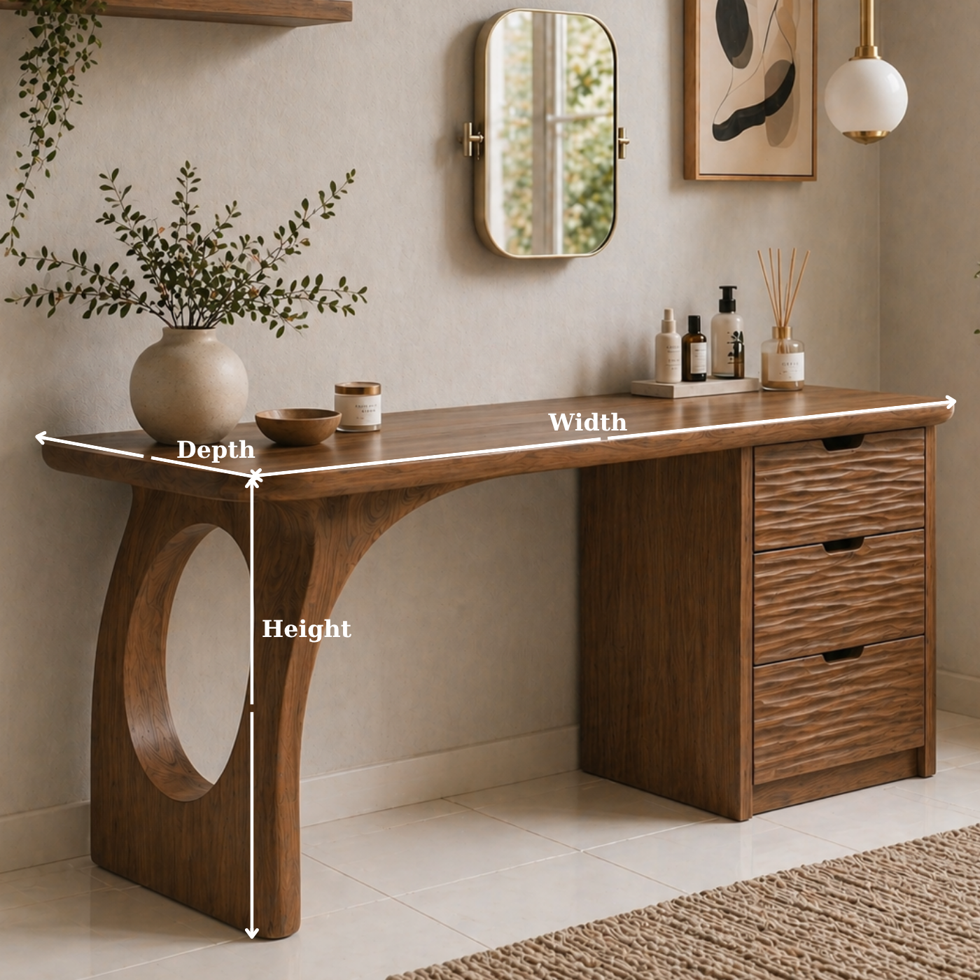 Solid Wood Makeup Vanity Desk with Sculptural Base and Textured Drawers